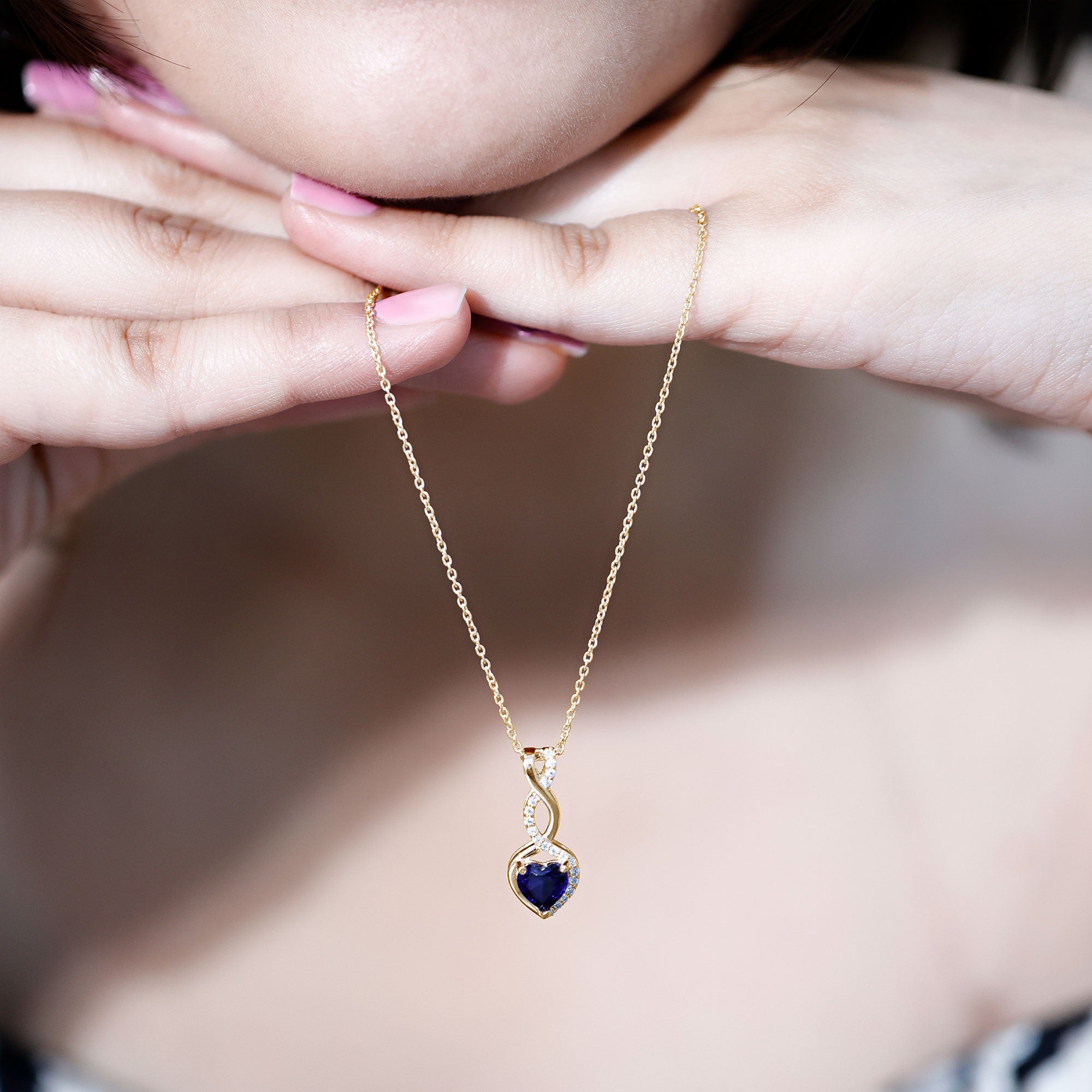Certified Lab Grown Blue Sapphire Infinity Heart Necklace with Chain AAAA - Rosec Jewels