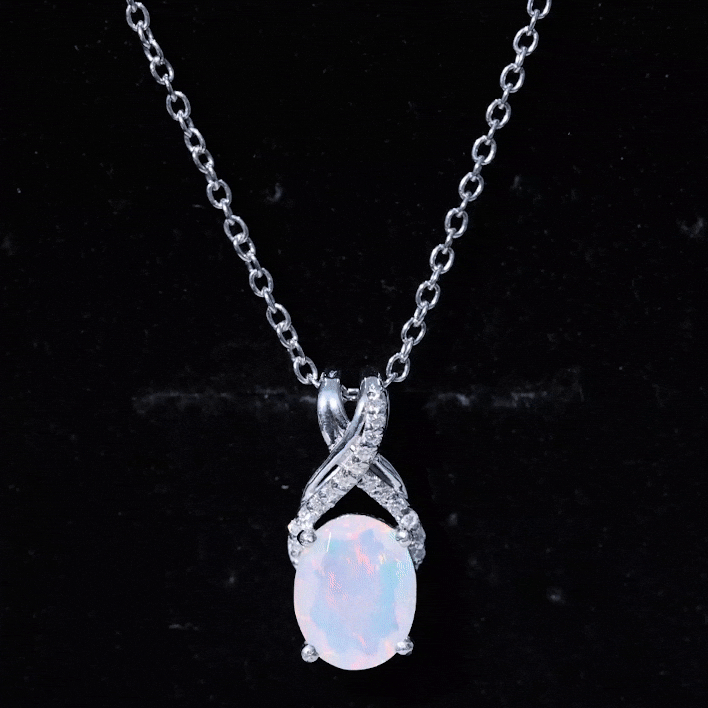 Oval Ethiopian Opal Necklace with Moissanite Twisted Bail AAA - Rosec Jewels