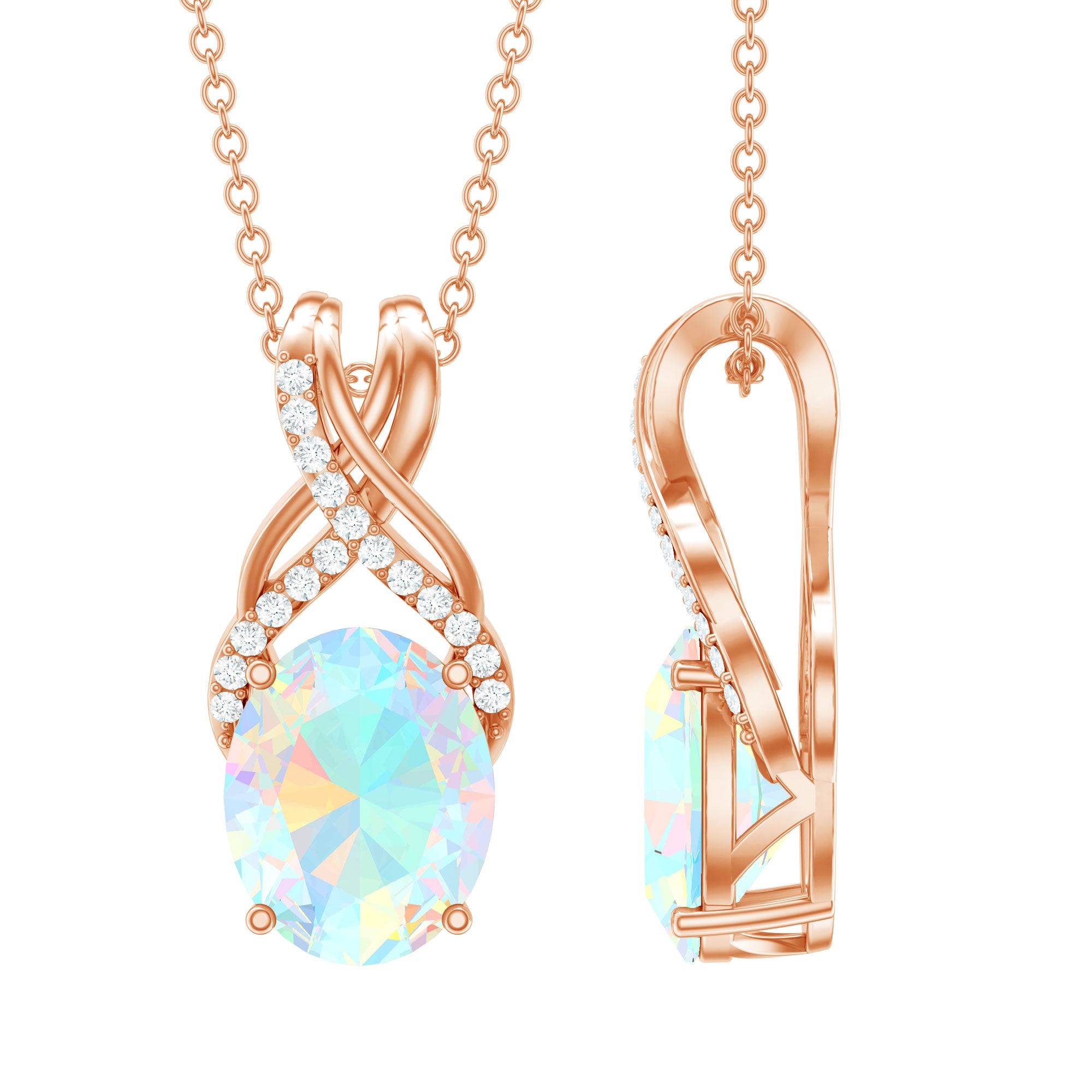 Oval Ethiopian Opal Necklace with Moissanite Twisted Bail AAA - Rosec Jewels