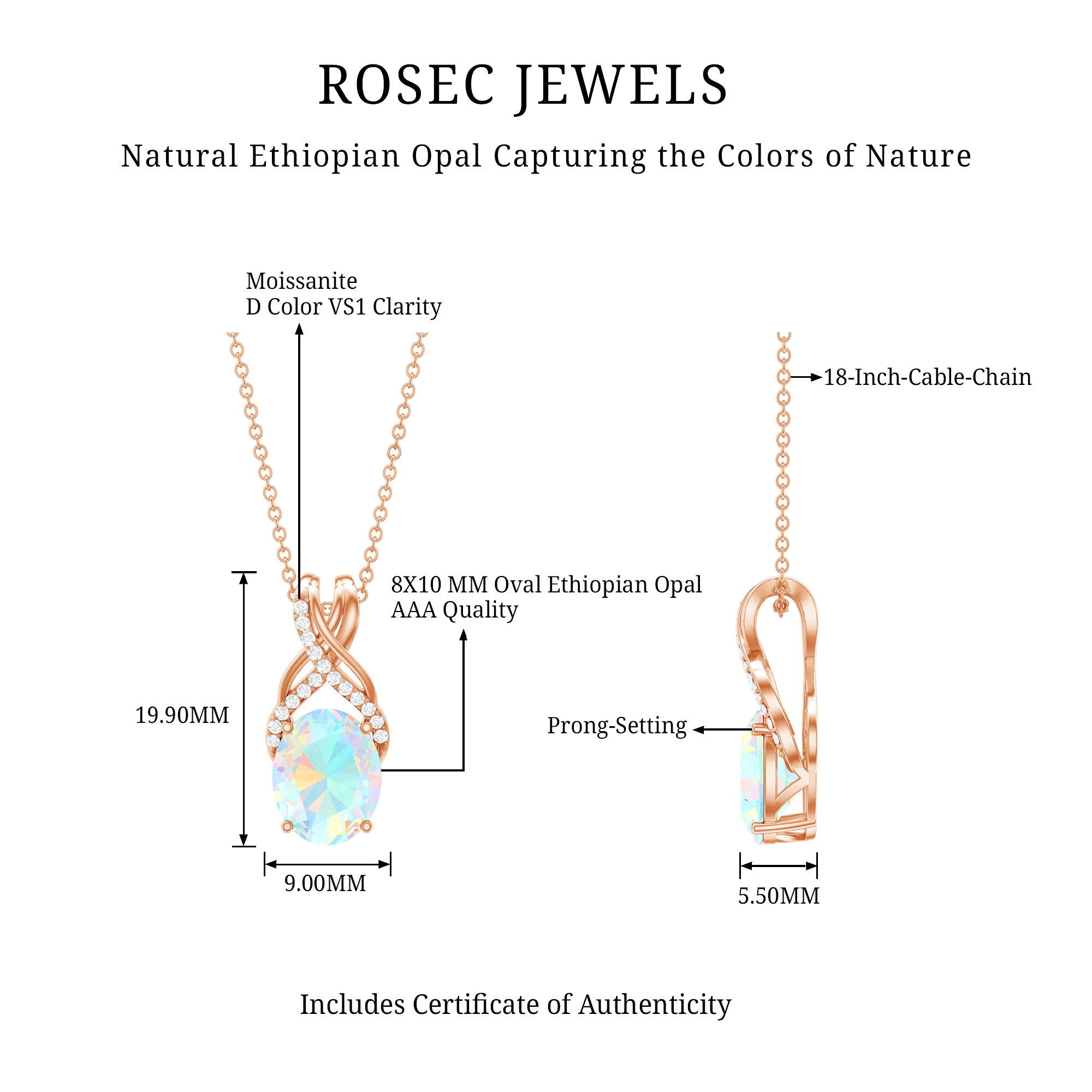 Oval Ethiopian Opal Necklace with Moissanite Twisted Bail AAA - Rosec Jewels