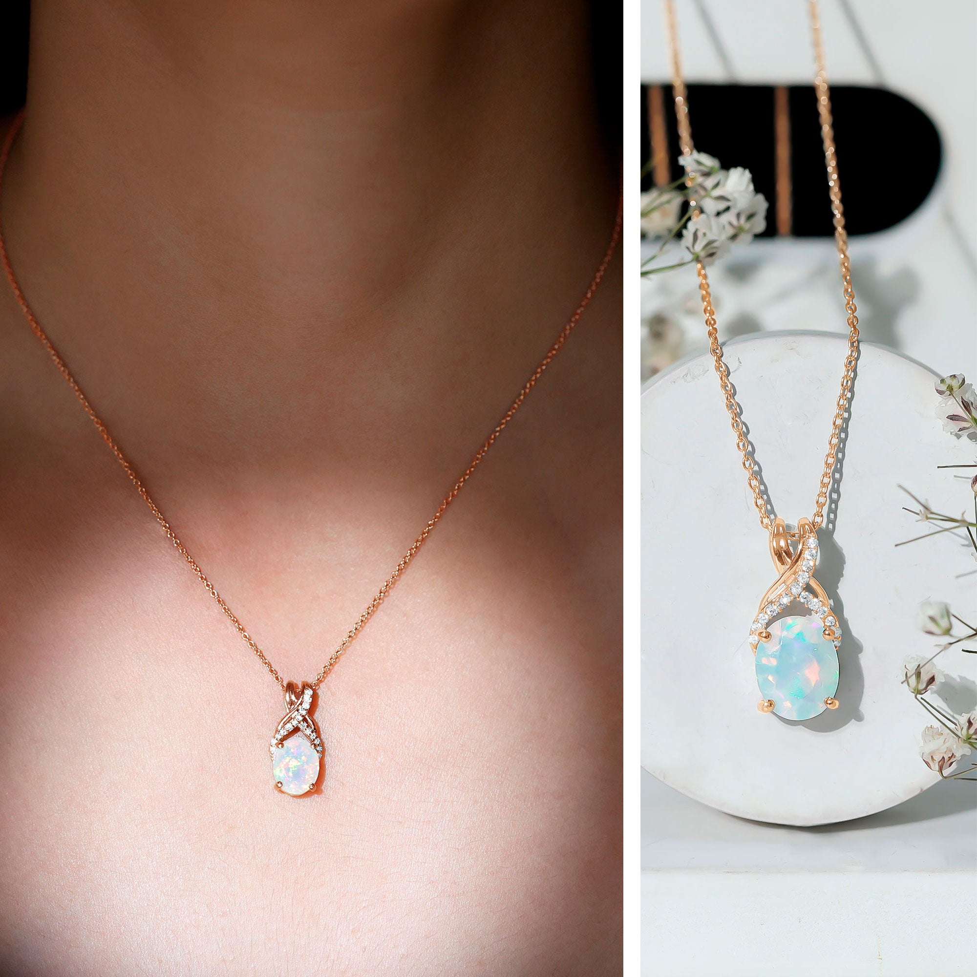 Oval Ethiopian Opal Necklace with Moissanite Twisted Bail AAA - Rosec Jewels