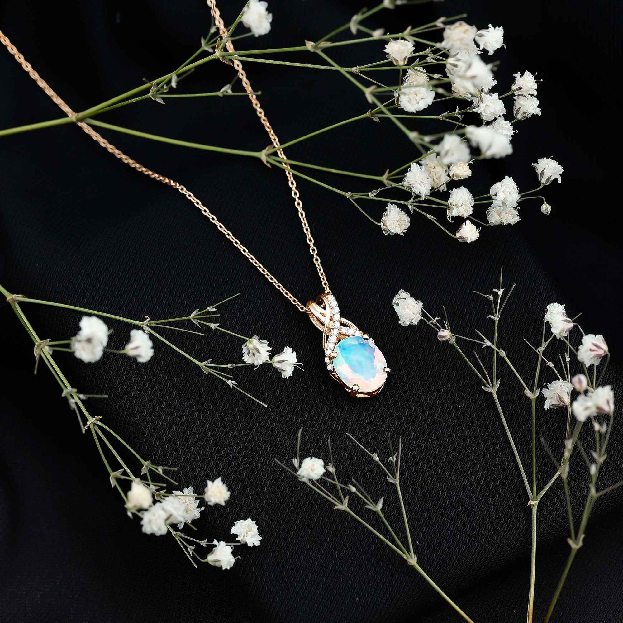 Oval Ethiopian Opal Necklace with Moissanite Twisted Bail AAA - Rosec Jewels