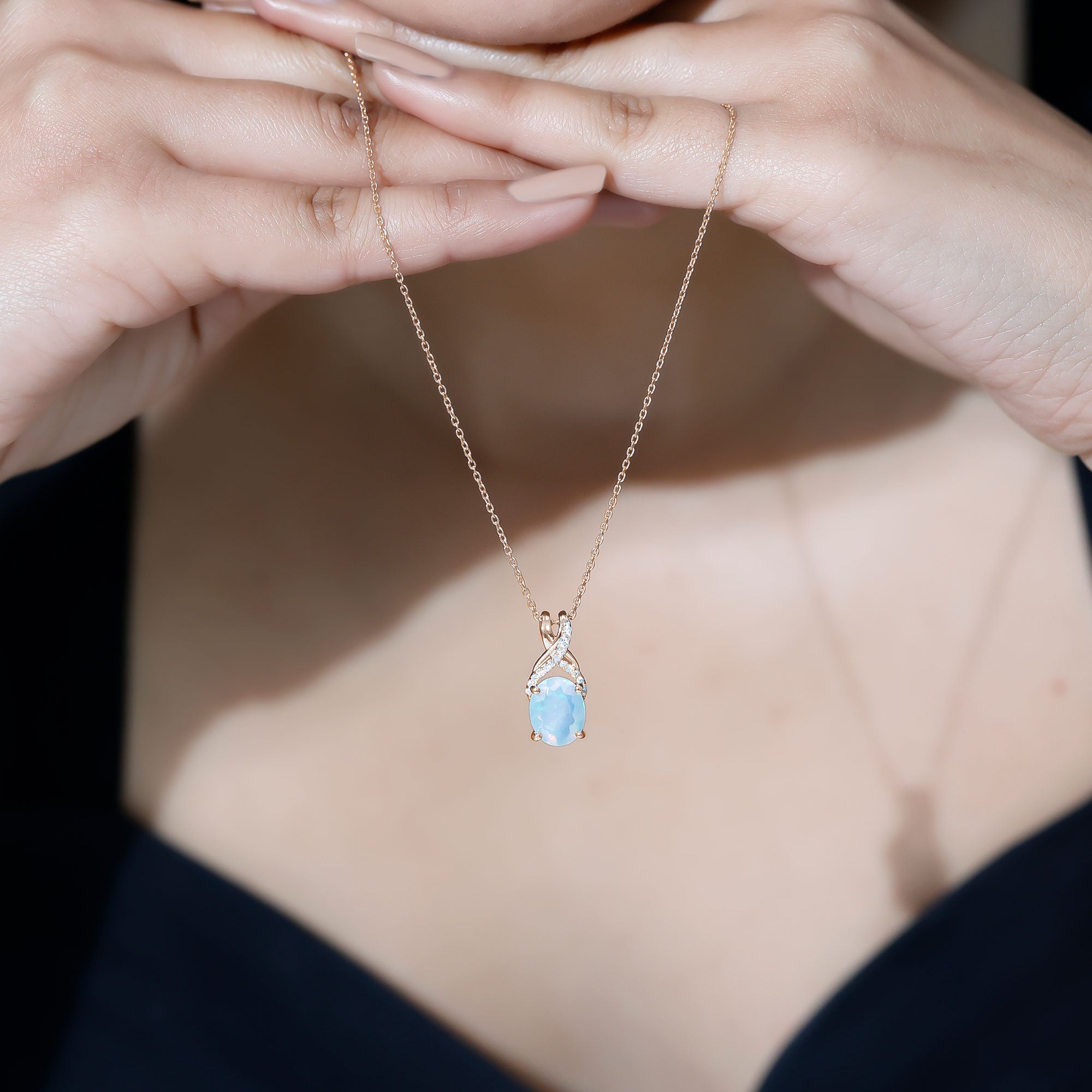Oval Ethiopian Opal Necklace with Moissanite Twisted Bail AAA - Rosec Jewels