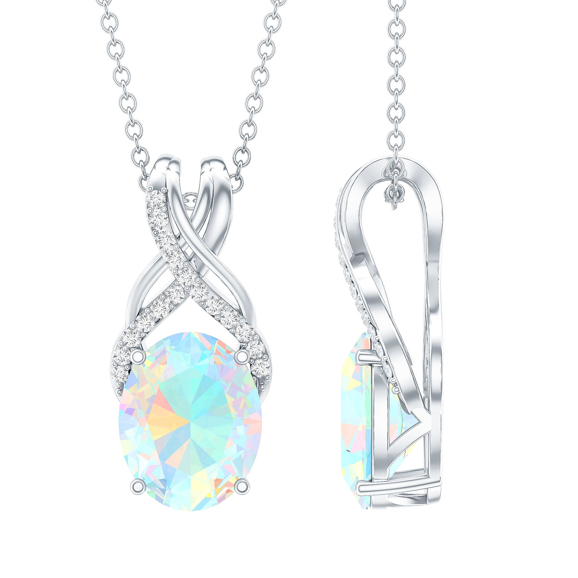 Oval Ethiopian Opal Necklace with Moissanite Twisted Bail AAA - Rosec Jewels