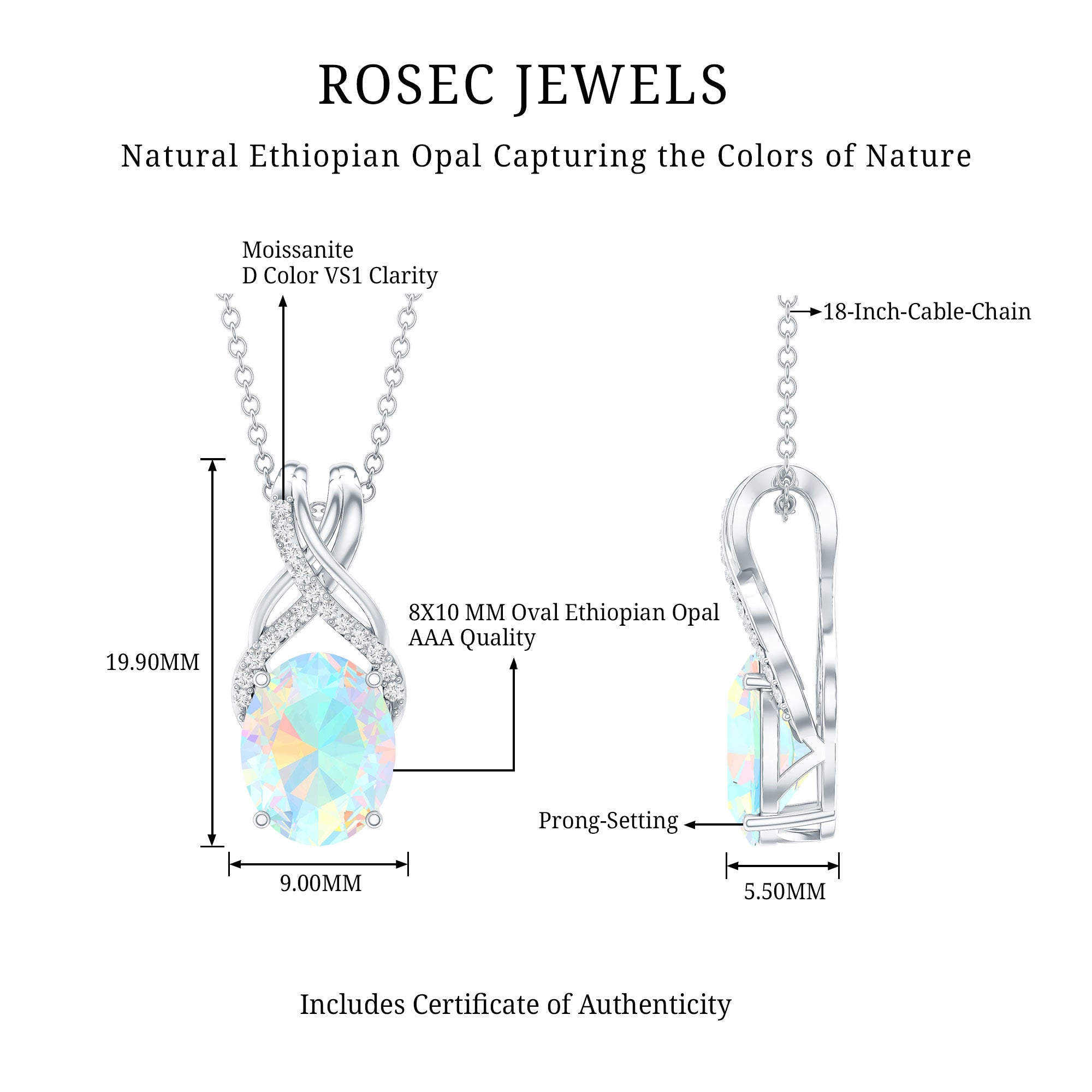 Oval Ethiopian Opal Necklace with Moissanite Twisted Bail AAA - Rosec Jewels