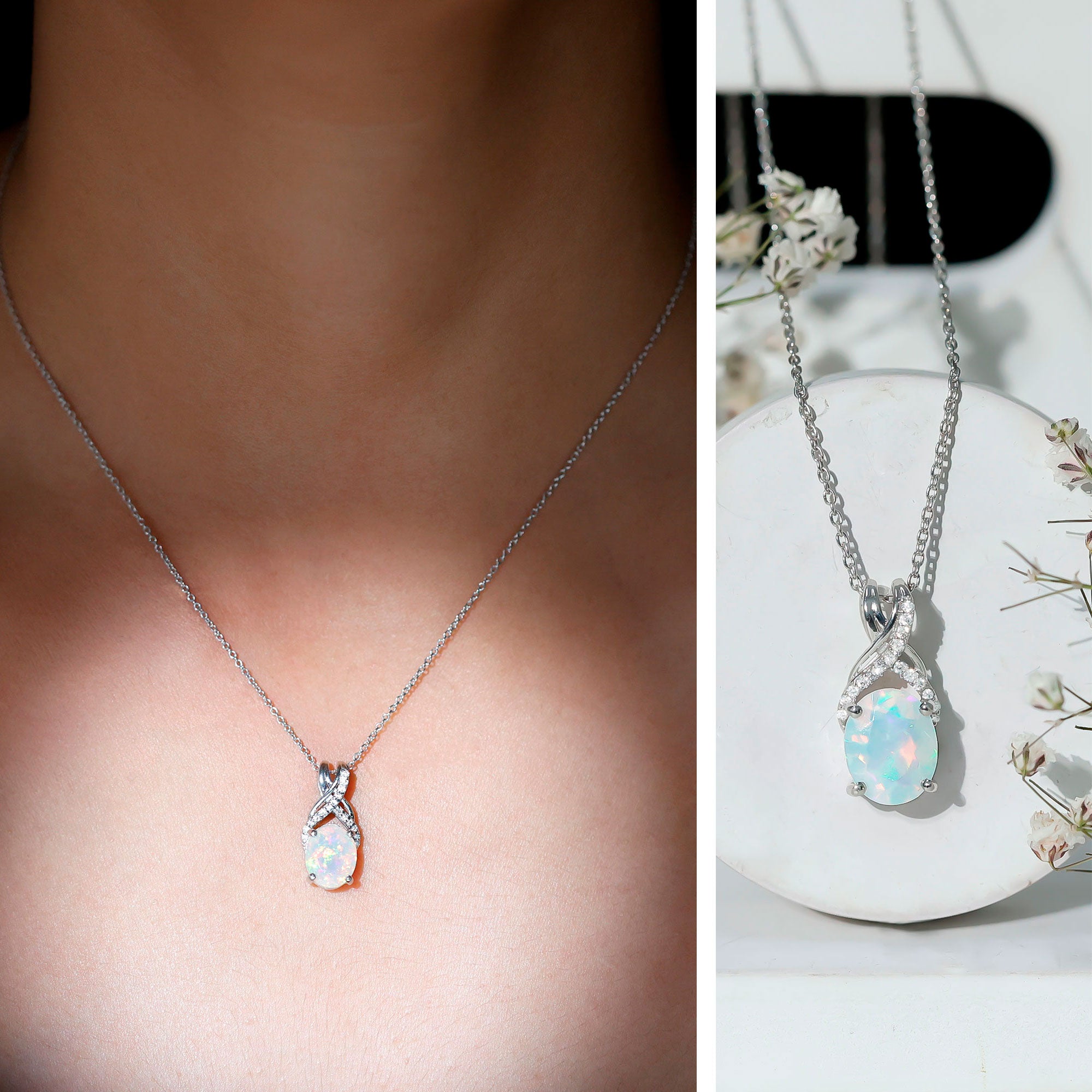 Oval Ethiopian Opal Necklace with Moissanite Twisted Bail AAA - Rosec Jewels