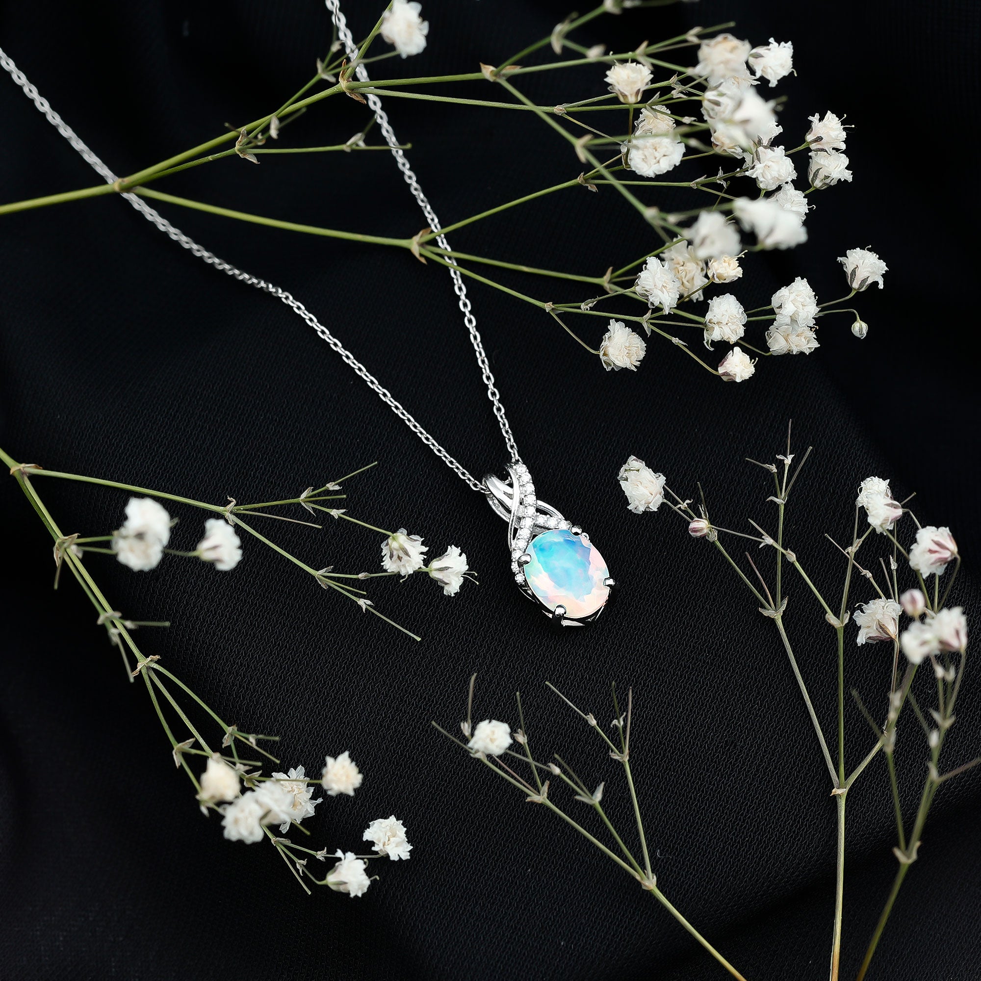 Oval Ethiopian Opal Necklace with Moissanite Twisted Bail AAA - Rosec Jewels