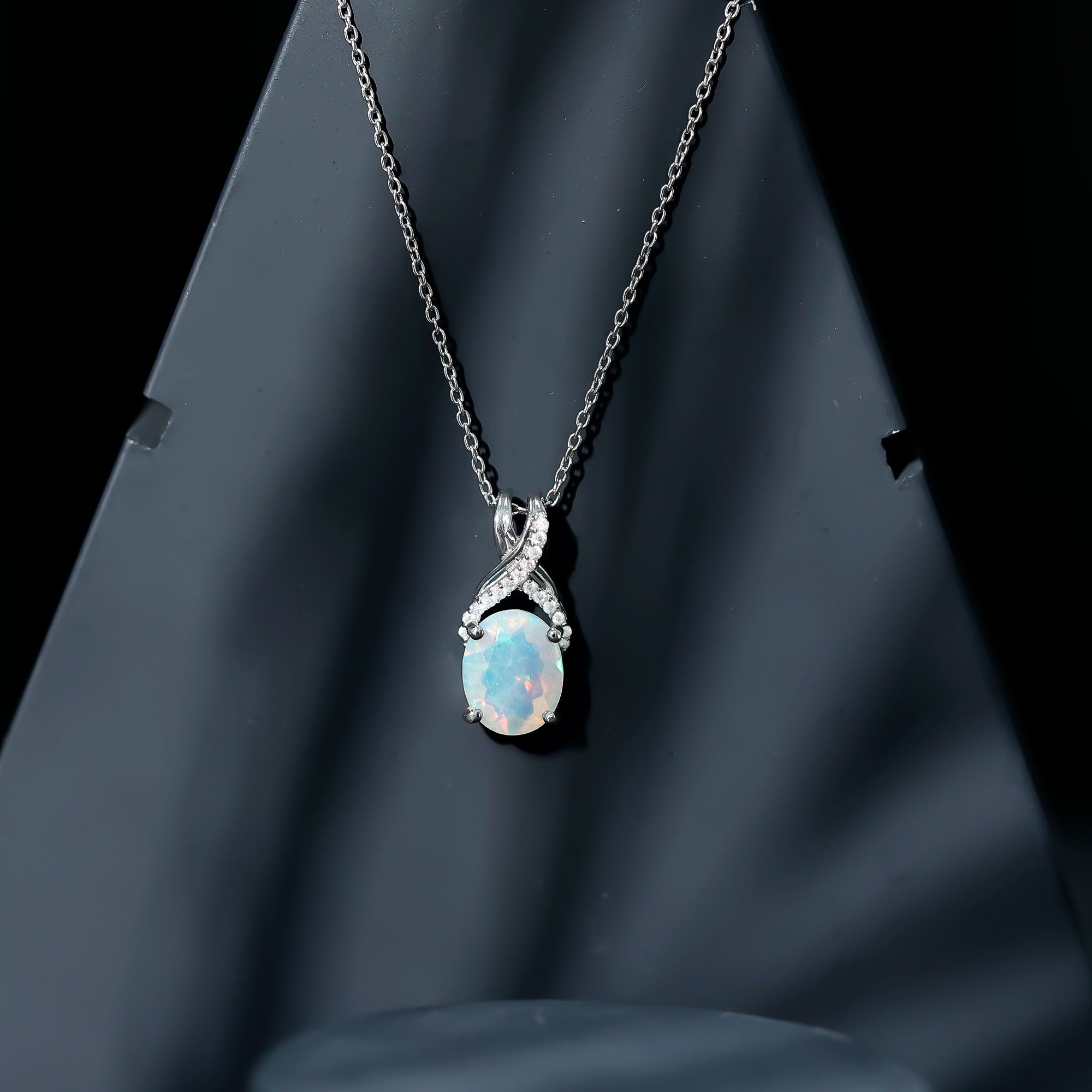 Oval Ethiopian Opal Necklace with Moissanite Twisted Bail AAA - Rosec Jewels