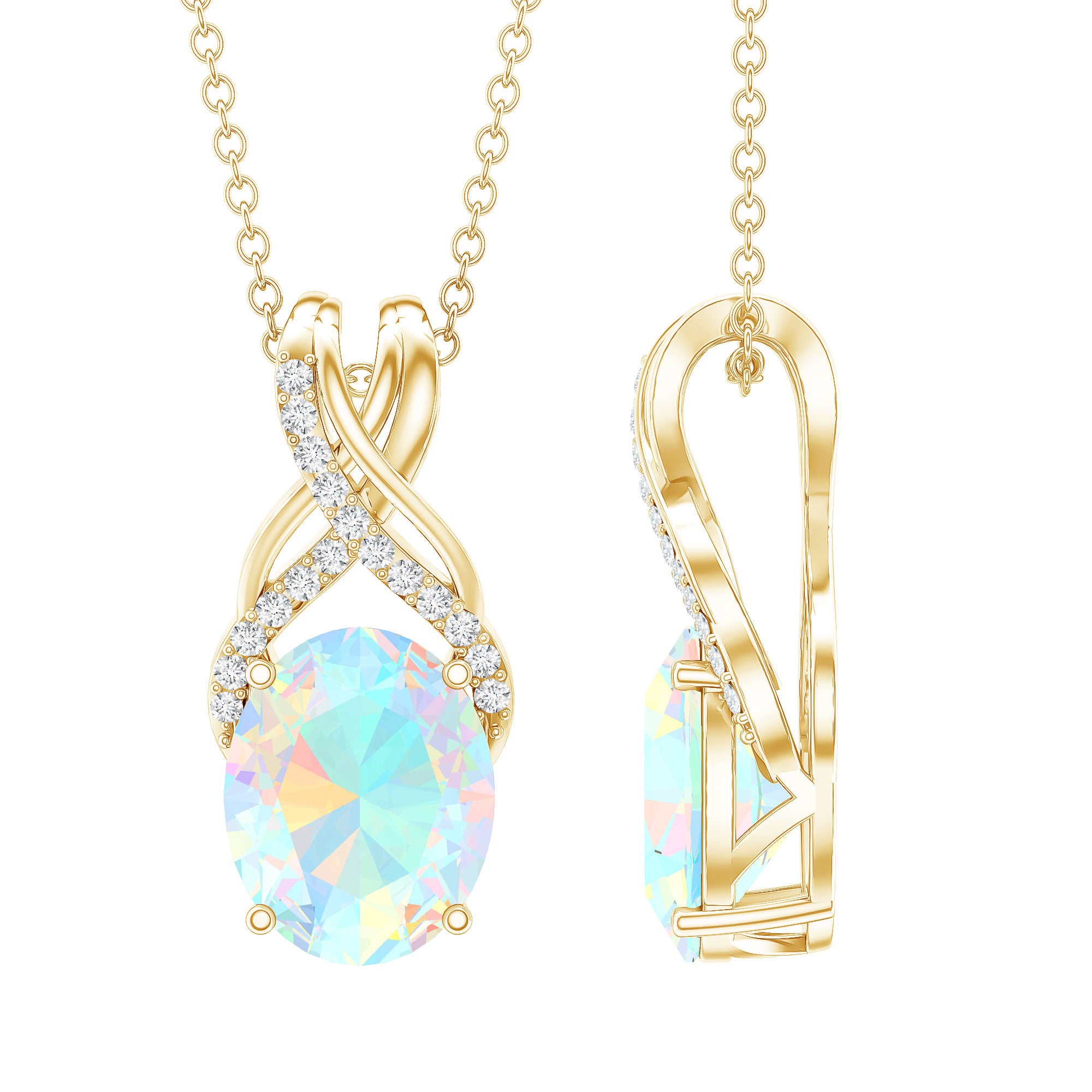 Oval Ethiopian Opal Necklace with Moissanite Twisted Bail AAA - Rosec Jewels