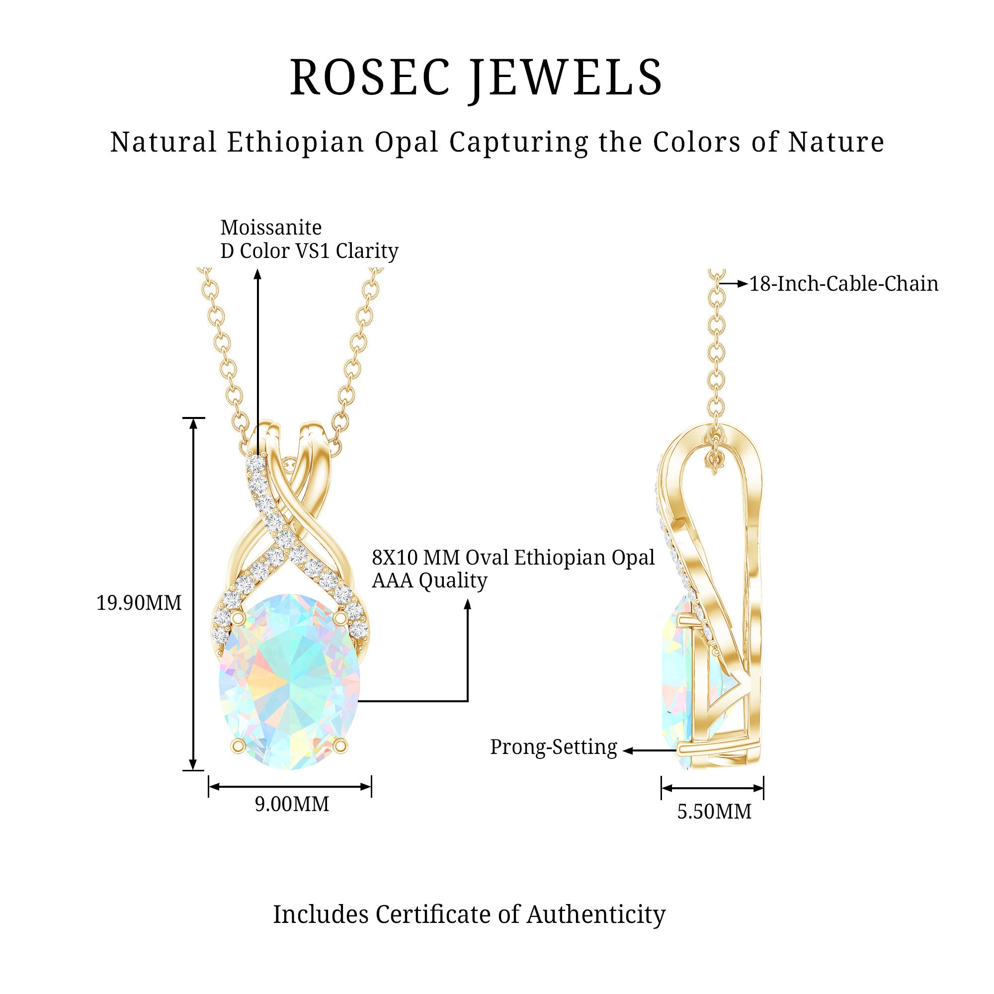 Oval Ethiopian Opal Necklace with Moissanite Twisted Bail AAA - Rosec Jewels