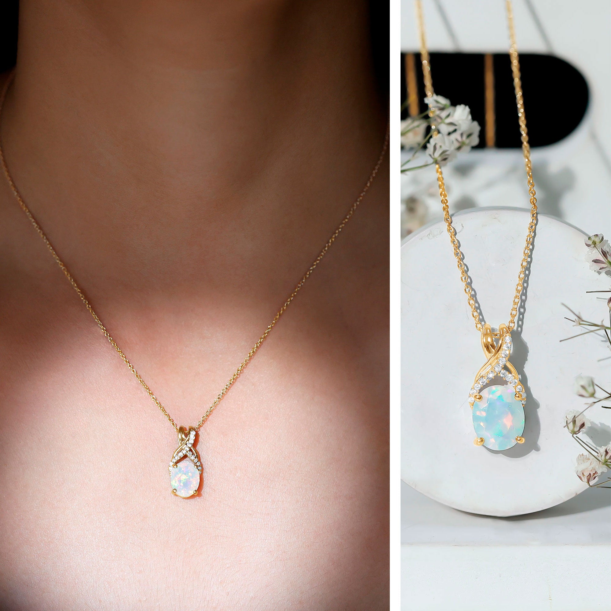 Oval Ethiopian Opal Necklace with Moissanite Twisted Bail AAA - Rosec Jewels