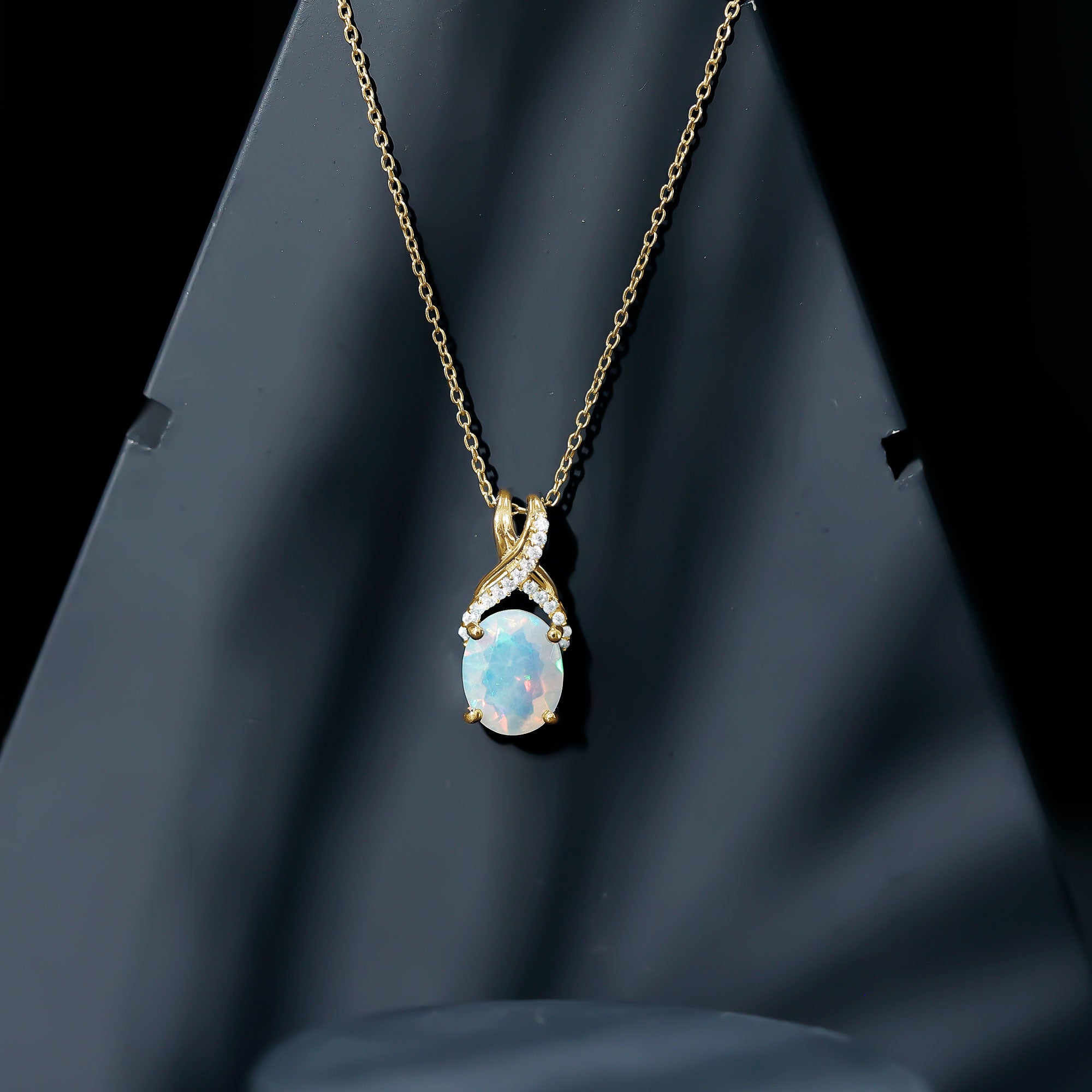Oval Ethiopian Opal Necklace with Moissanite Twisted Bail AAA - Rosec Jewels