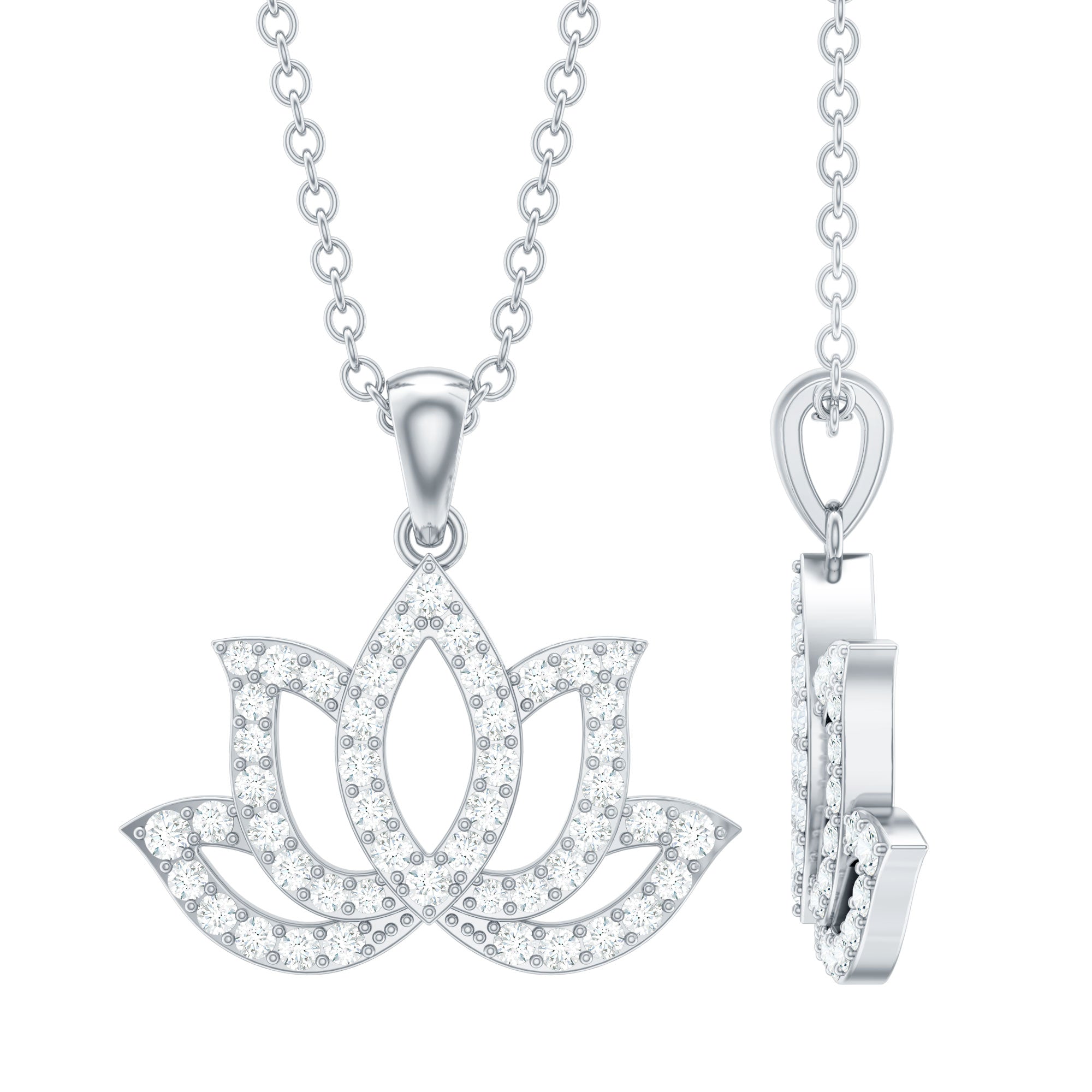 Diamond Lotus Flower Necklace in Pave Setting Natural - ( HI-SI ) - Rosec Jewels