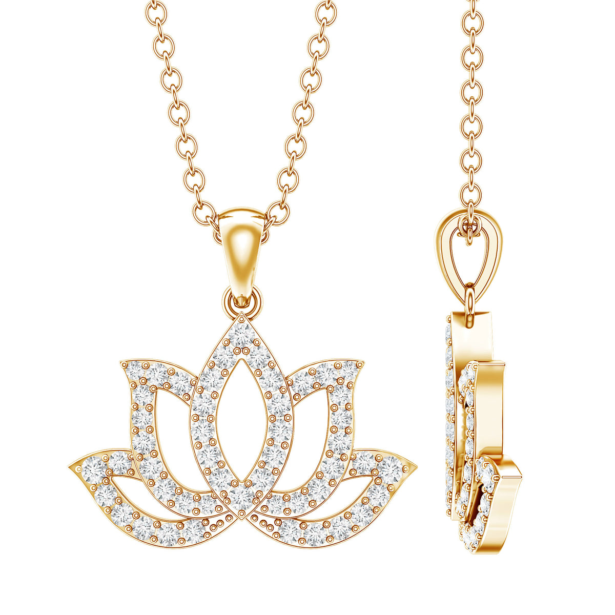 Diamond Lotus Flower Necklace in Pave Setting Natural - ( HI-SI ) - Rosec Jewels