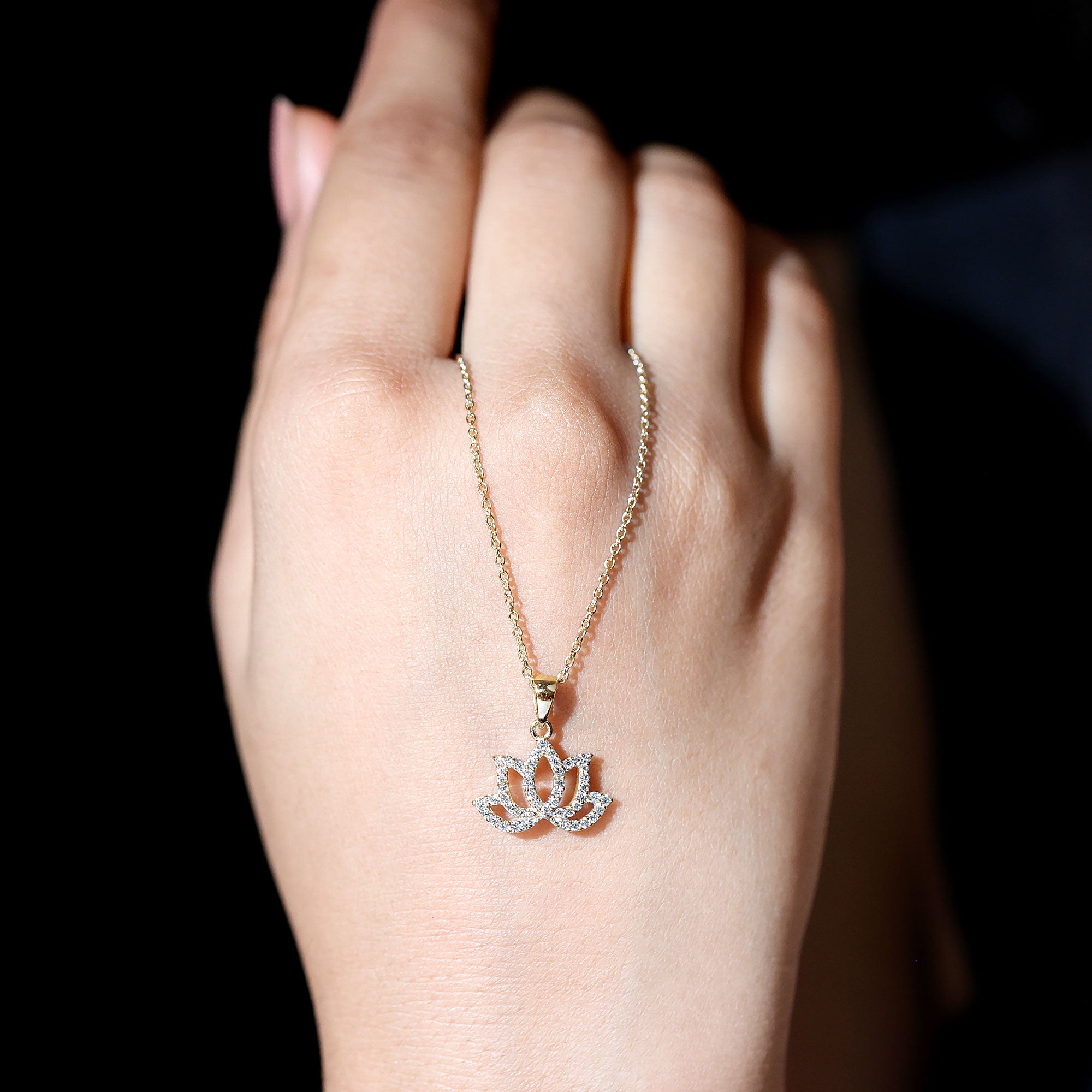 Diamond Lotus Flower Necklace in Pave Setting Natural - ( HI-SI ) - Rosec Jewels