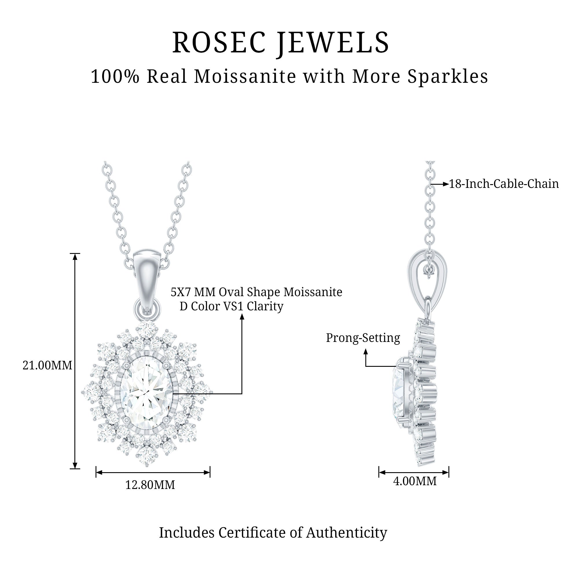 Vintage Style Oval Moissanite Bridal Necklace With Chain D-VS1 - Rosec Jewels