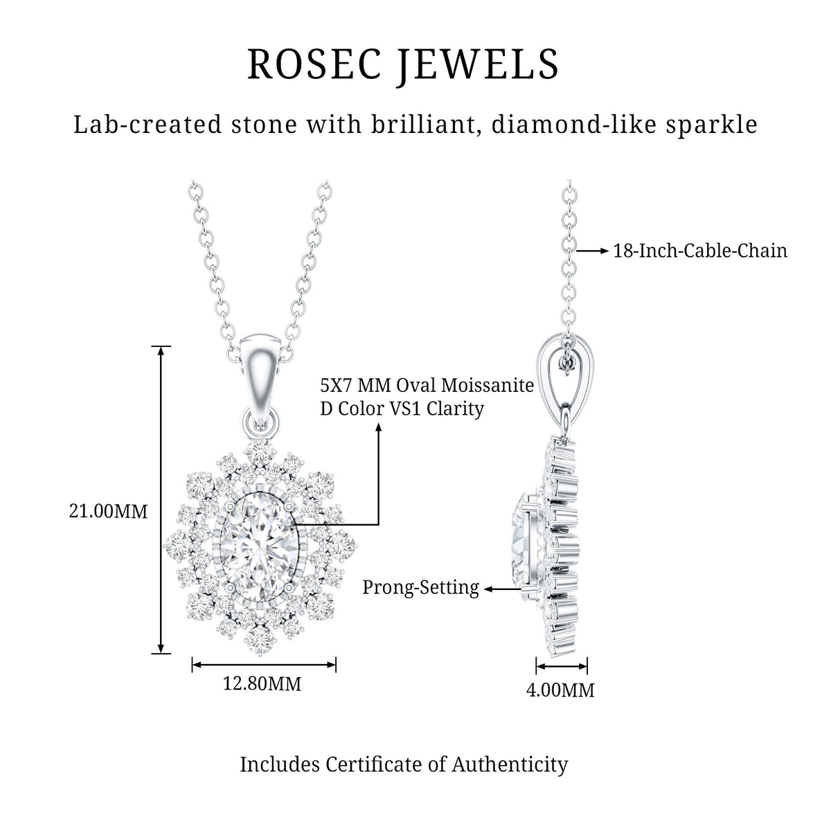 Vintage Style Oval Moissanite Bridal Necklace With Chain D-VS1 - Rosec Jewels