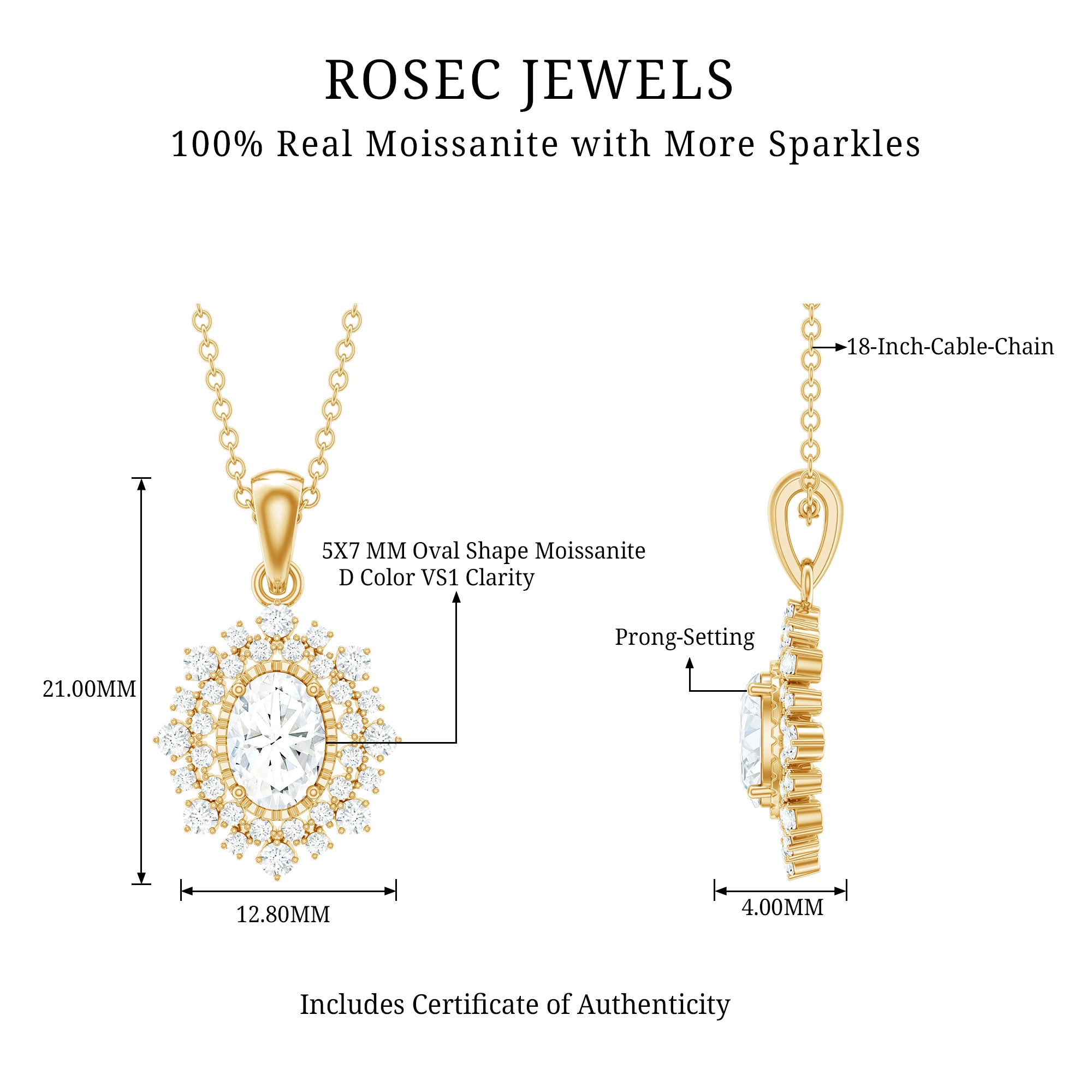 Vintage Style Oval Moissanite Bridal Necklace With Chain D-VS1 - Rosec Jewels