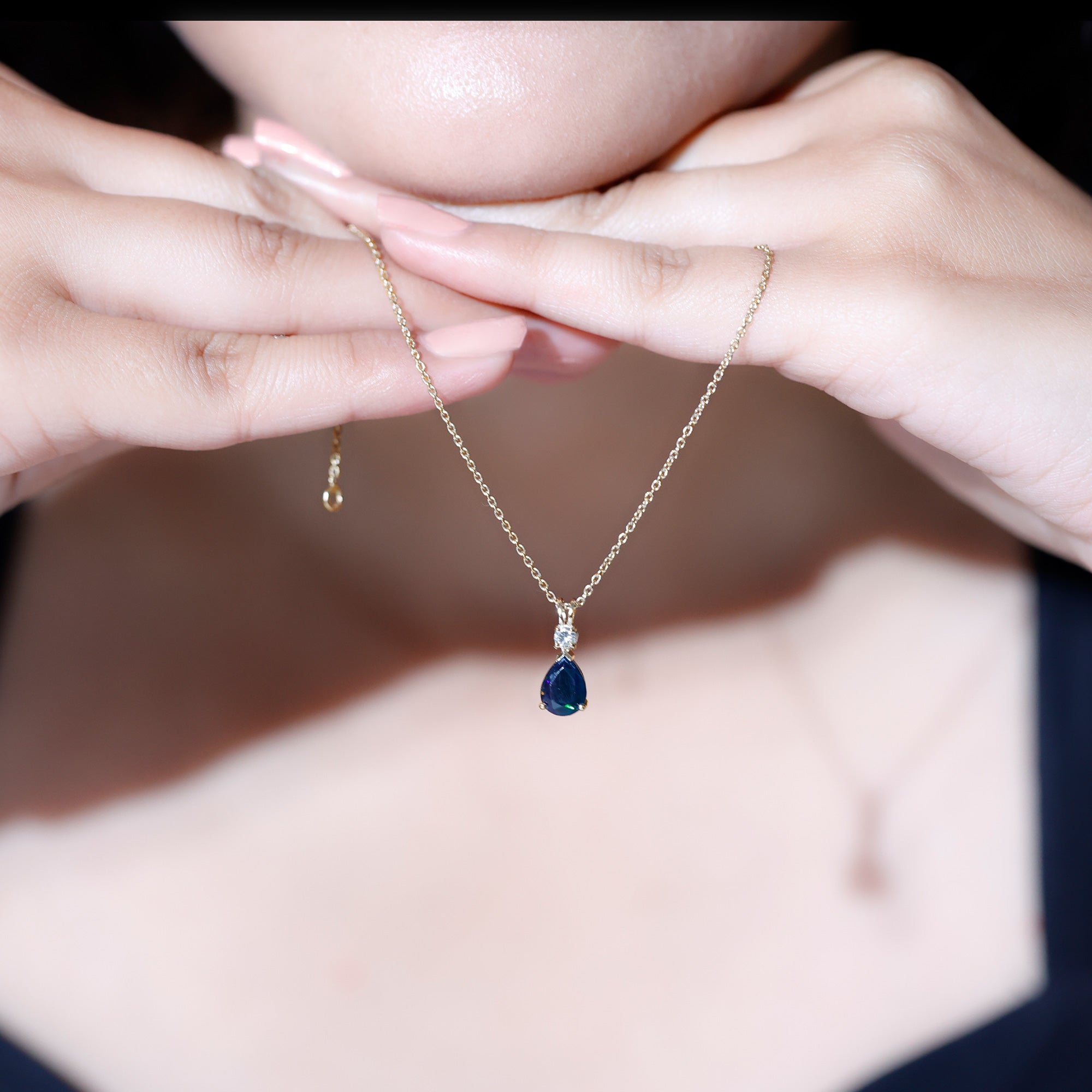 Pear Shaped Black Opal Drop Pendant with Diamond AAA - Rosec Jewels