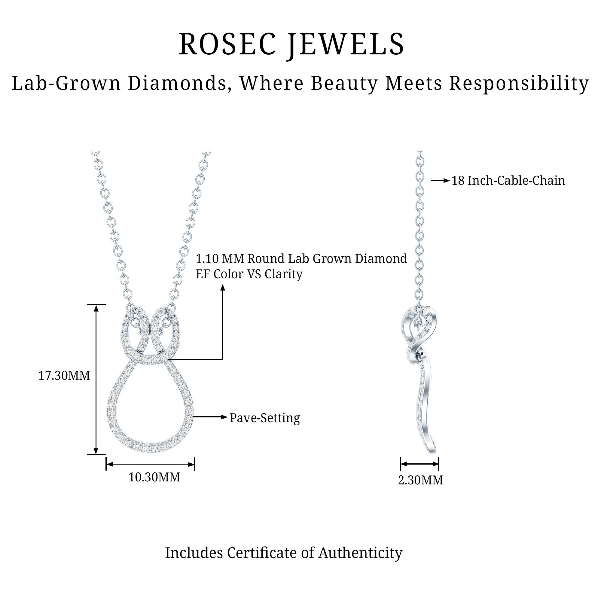 Certified Lab Grown Diamond Infinity Love Knot Necklace For Her Lab - ( EF-VS ) - Rosec Jewels