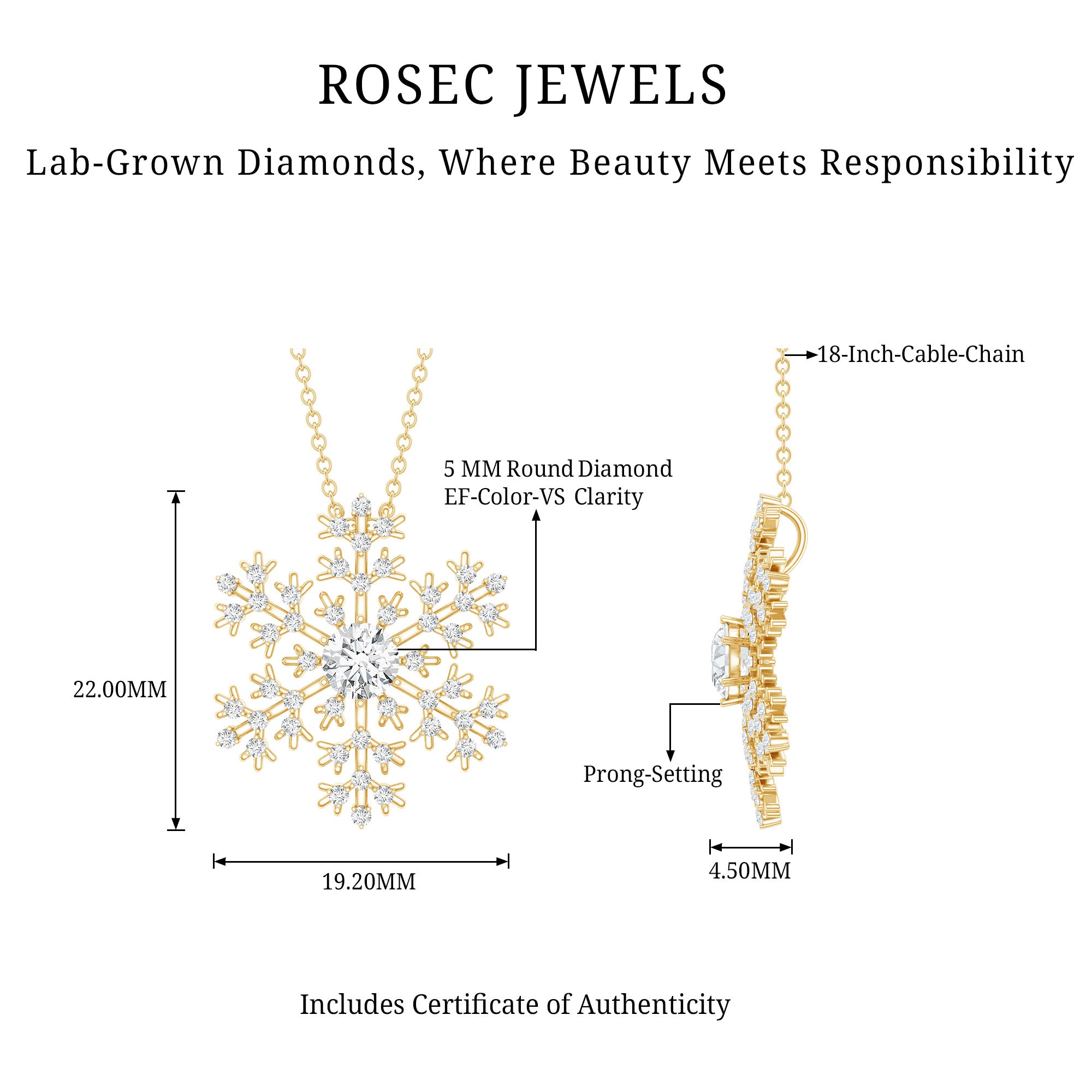 Lab Grown Diamond Snowflake Winter Necklace Lab - ( EF-VS ) - Rosec Jewels