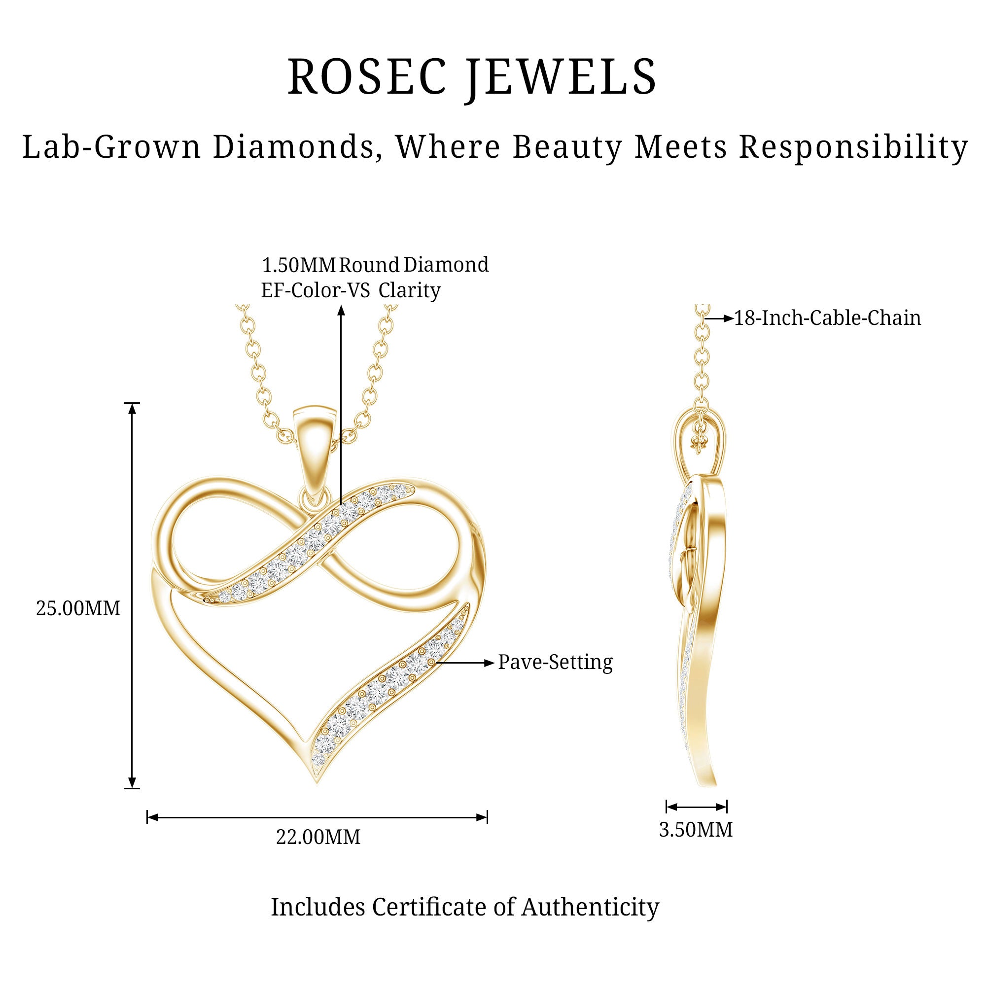 Certified Lab Grown Diamond Infinity Heart Necklace For Women Lab - ( EF-VS ) - Rosec Jewels