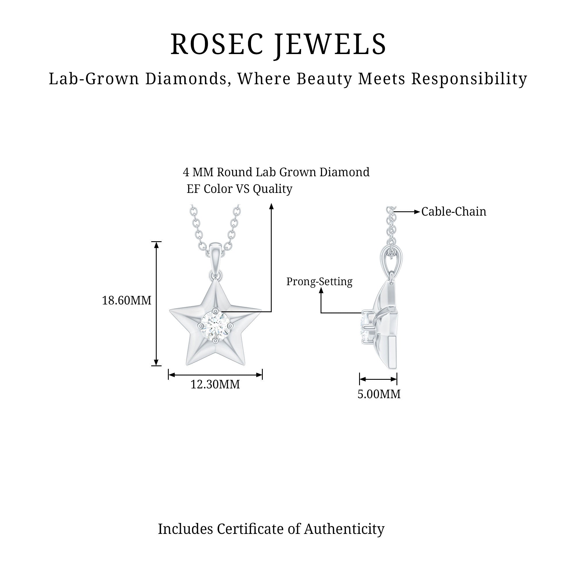Certified Lab Grown Diamond Star Pendant Necklace For Her Lab - ( EF-VS ) - Rosec Jewels