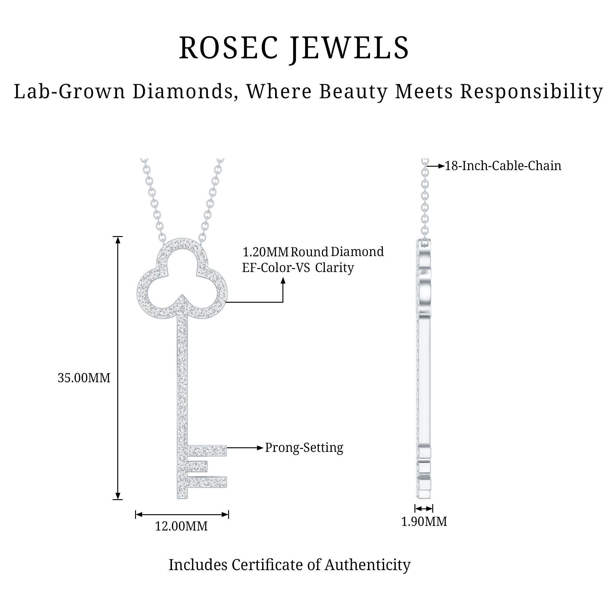 Certified Lab Grown Diamond Key Necklace For Women Lab - ( EF-VS ) - Rosec Jewels