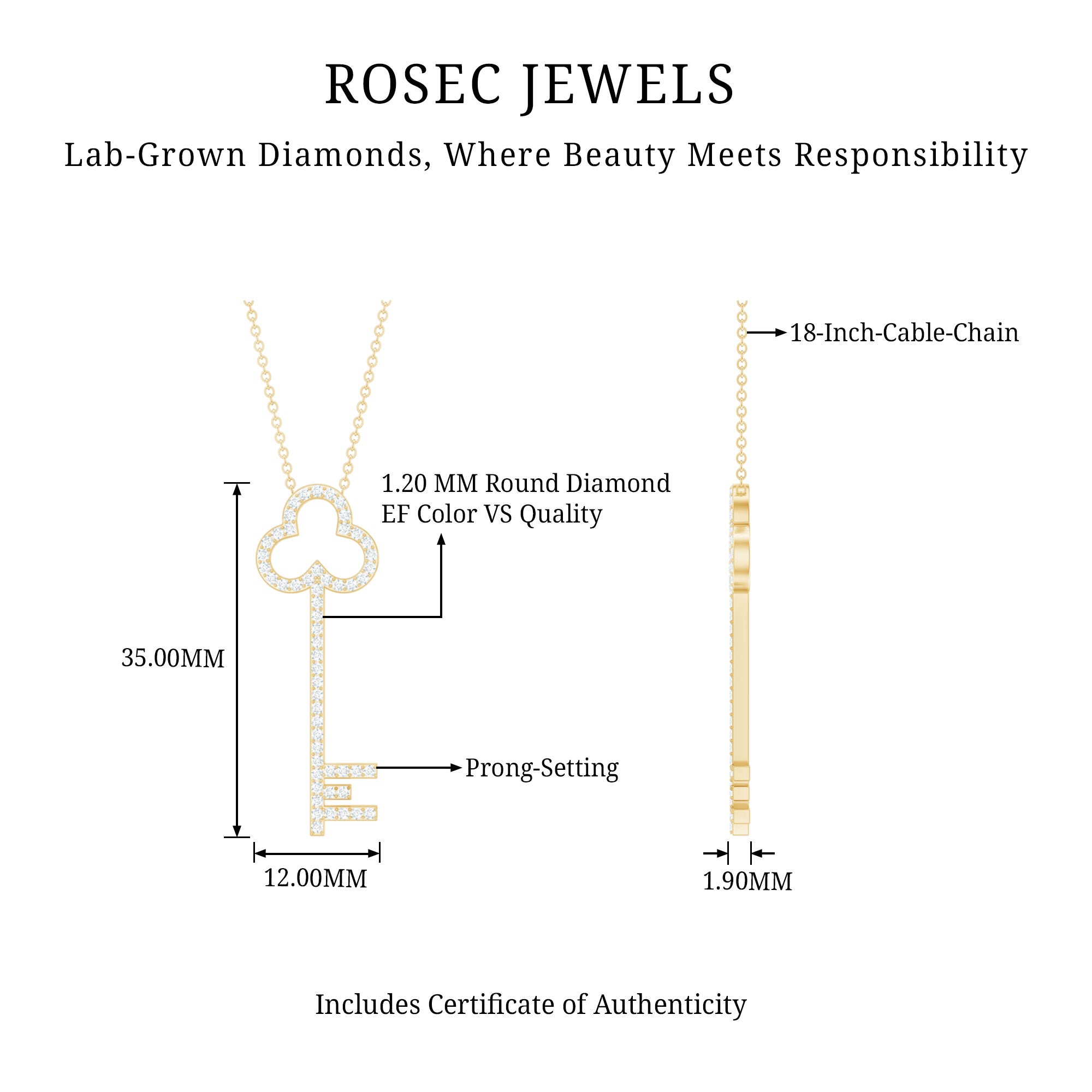 Certified Lab Grown Diamond Key Necklace For Women Lab - ( EF-VS ) - Rosec Jewels