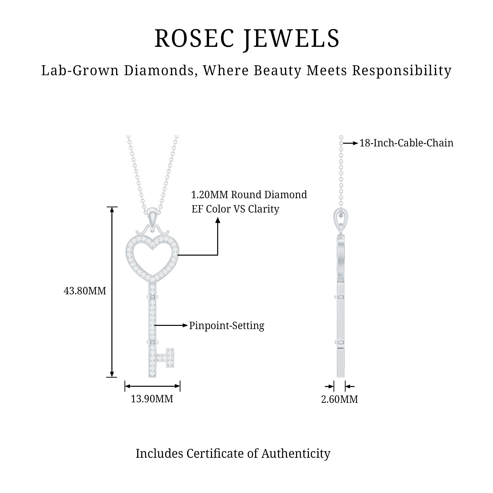 Lab Grown Diamond Key To My Heart Pendant Necklace Lab - ( EF-VS ) - Rosec Jewels