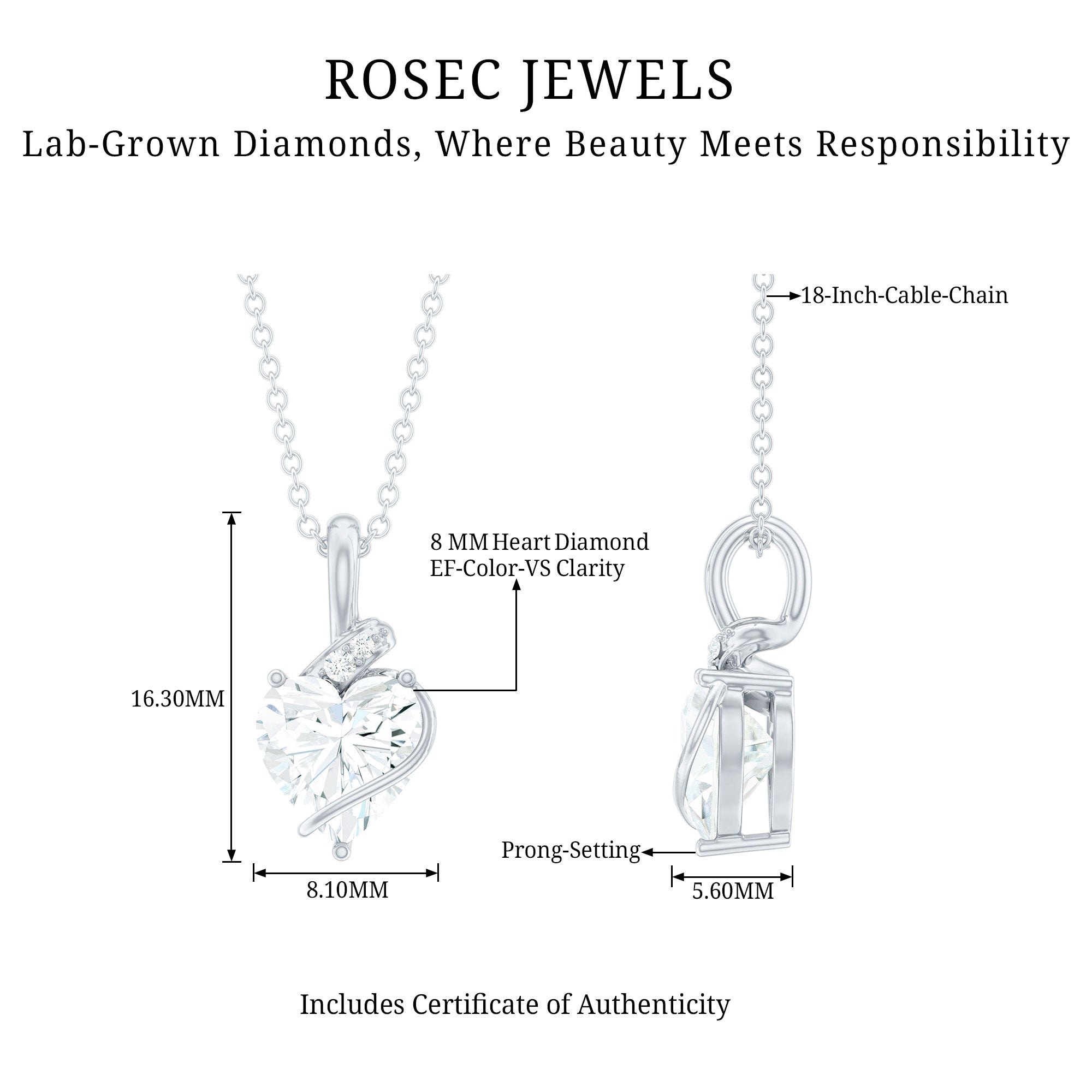 8 MM Lab Grown Diamond Heart Solitaire Necklace Lab - ( EF-VS ) - Rosec Jewels