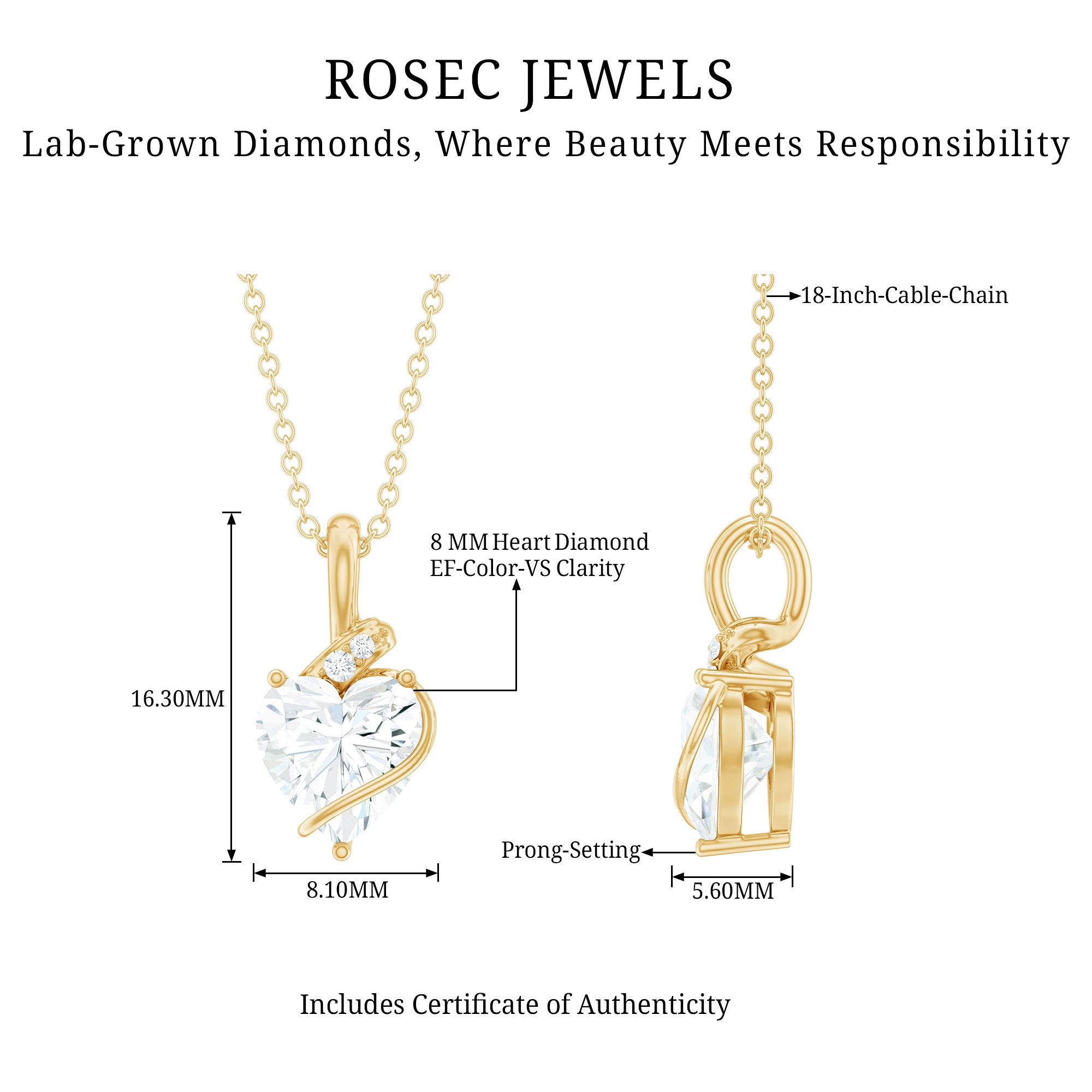 8 MM Lab Grown Diamond Heart Solitaire Necklace Lab - ( EF-VS ) - Rosec Jewels