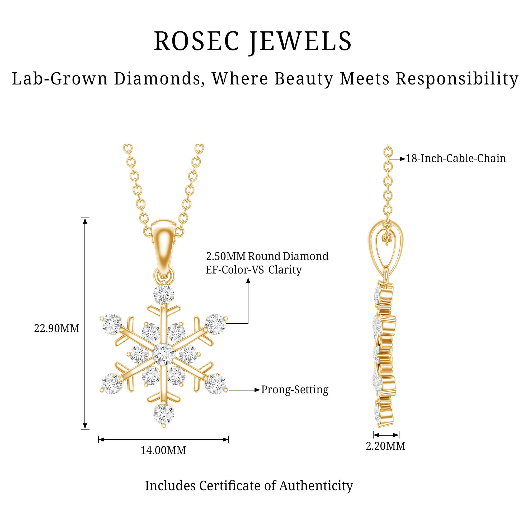 Lab Grown Diamond Christmas Snowflake Necklace Lab - ( EF-VS ) - Rosec Jewels
