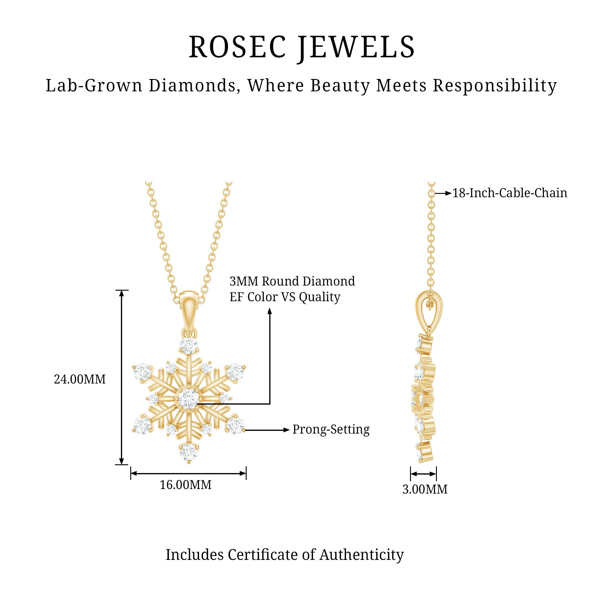 Rosec Jewels-Lab Grown Diamond Snowflake Winter Necklace for Her