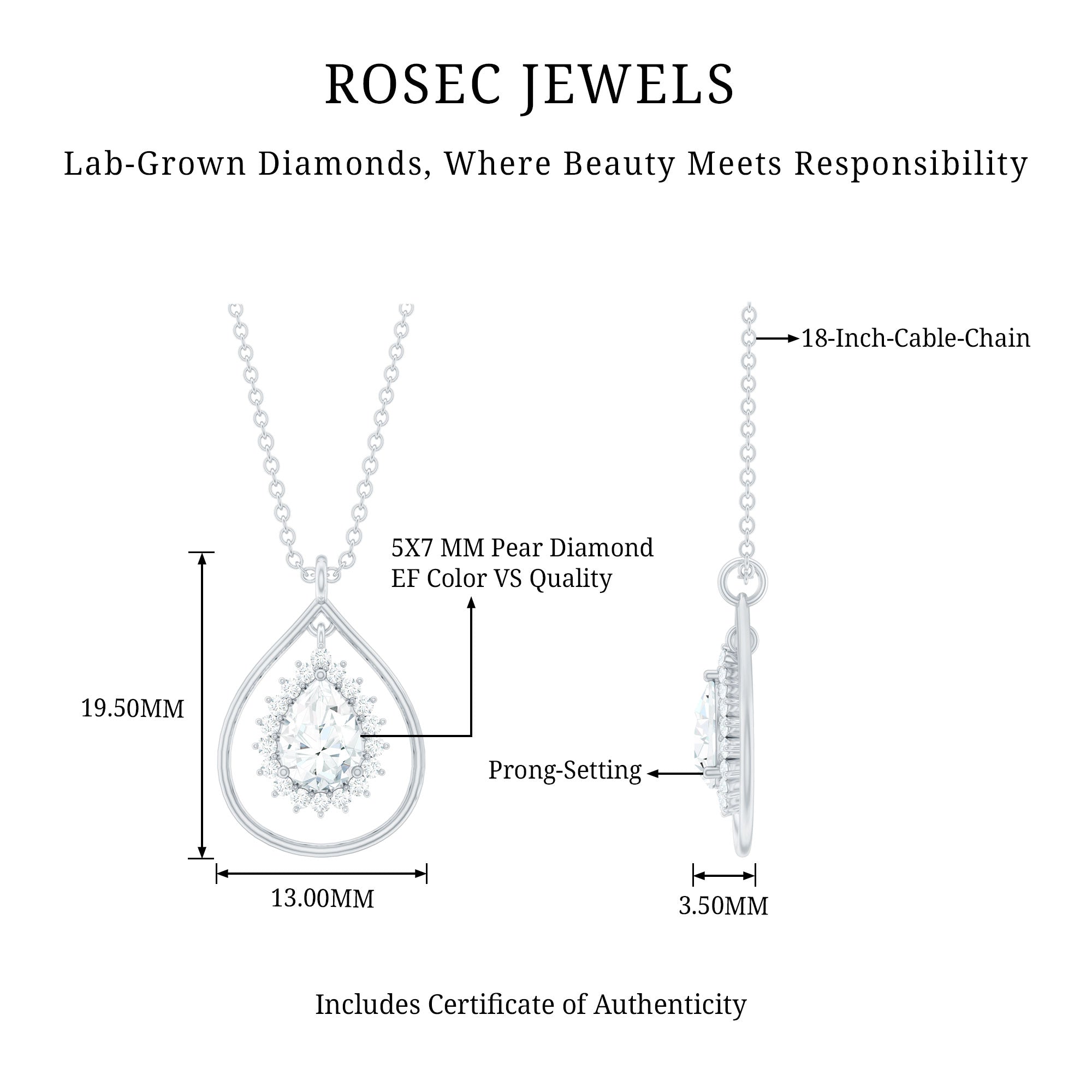 Pear Shape Lab Grown Diamond Teardrop Pendant Necklace Lab - ( EF-VS ) - Rosec Jewels