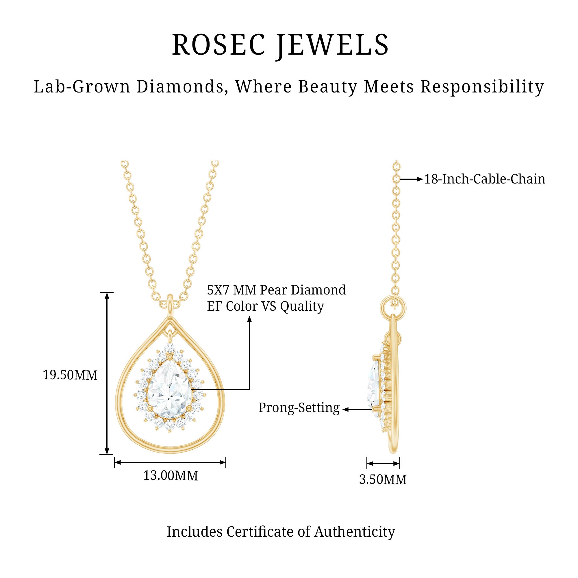 Pear Shape Lab Grown Diamond Teardrop Pendant Necklace Lab - ( EF-VS ) - Rosec Jewels