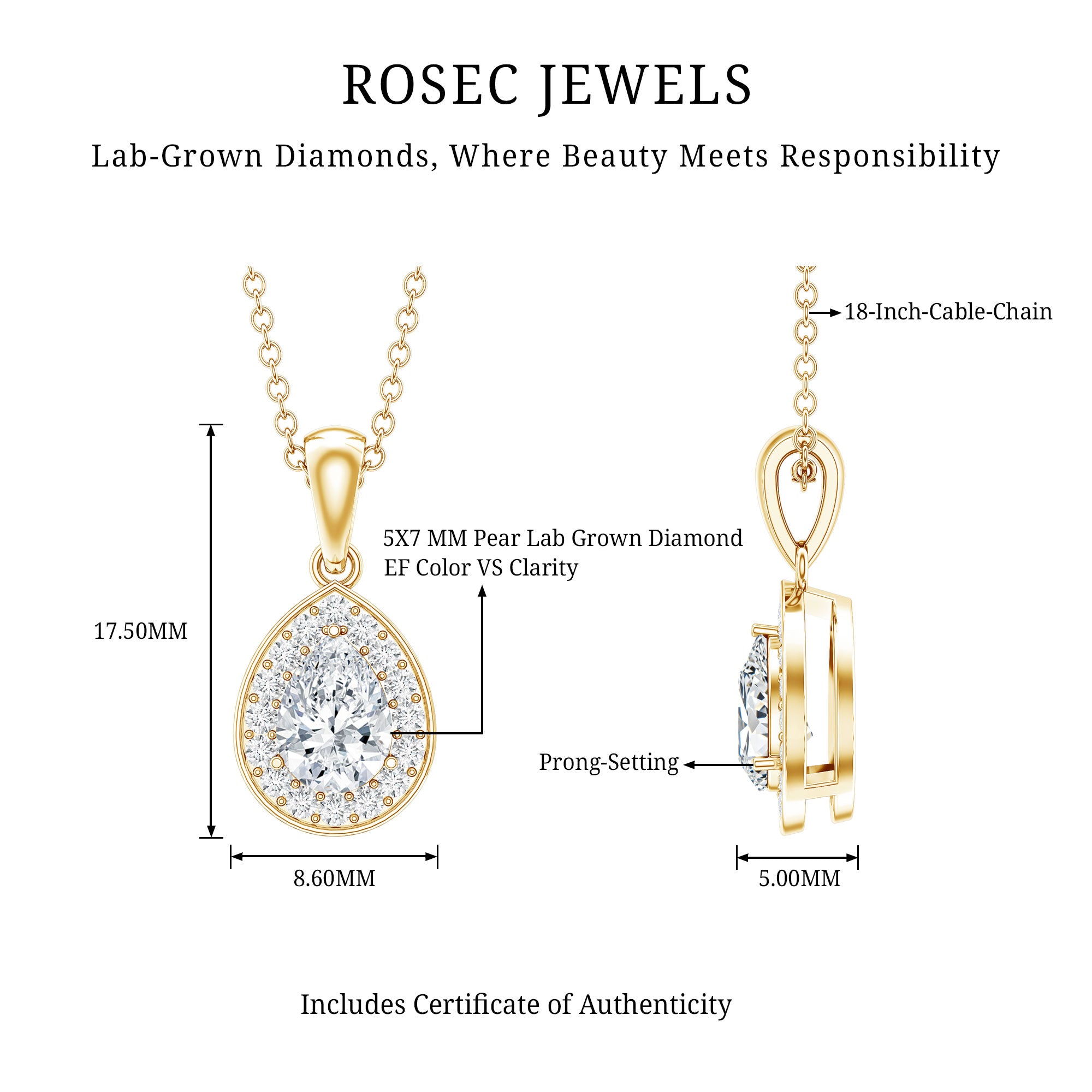 Minimal Lab Grown Diamond Teardrop Halo Pendant Lab - ( EF-VS ) - Rosec Jewels