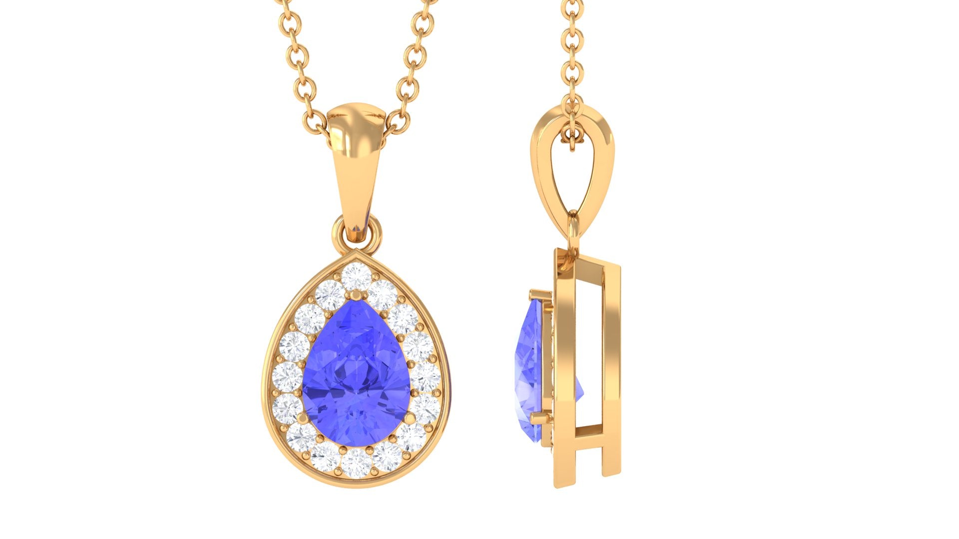 Tanzanite Teardrop Halo Pendant Necklace AAA - Rosec Jewels