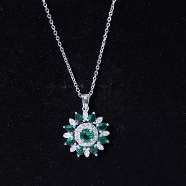 Lab Created Emerald and Diamond Flower Necklace AAAA - Rosec Jewels