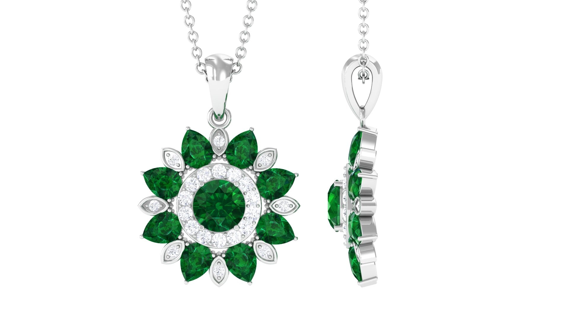 Lab Created Emerald and Diamond Flower Necklace AAAA - Rosec Jewels