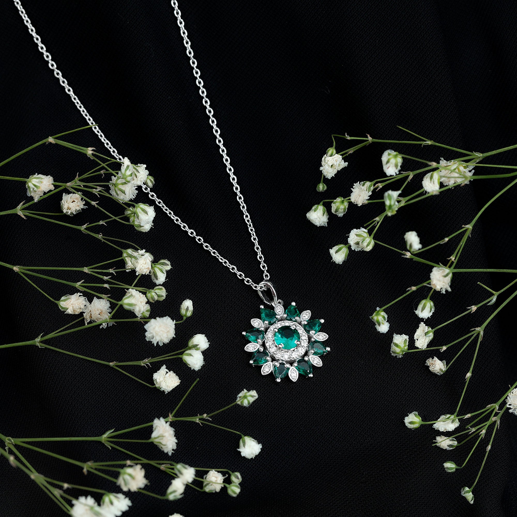 Lab Created Emerald and Diamond Flower Necklace AAAA - Rosec Jewels