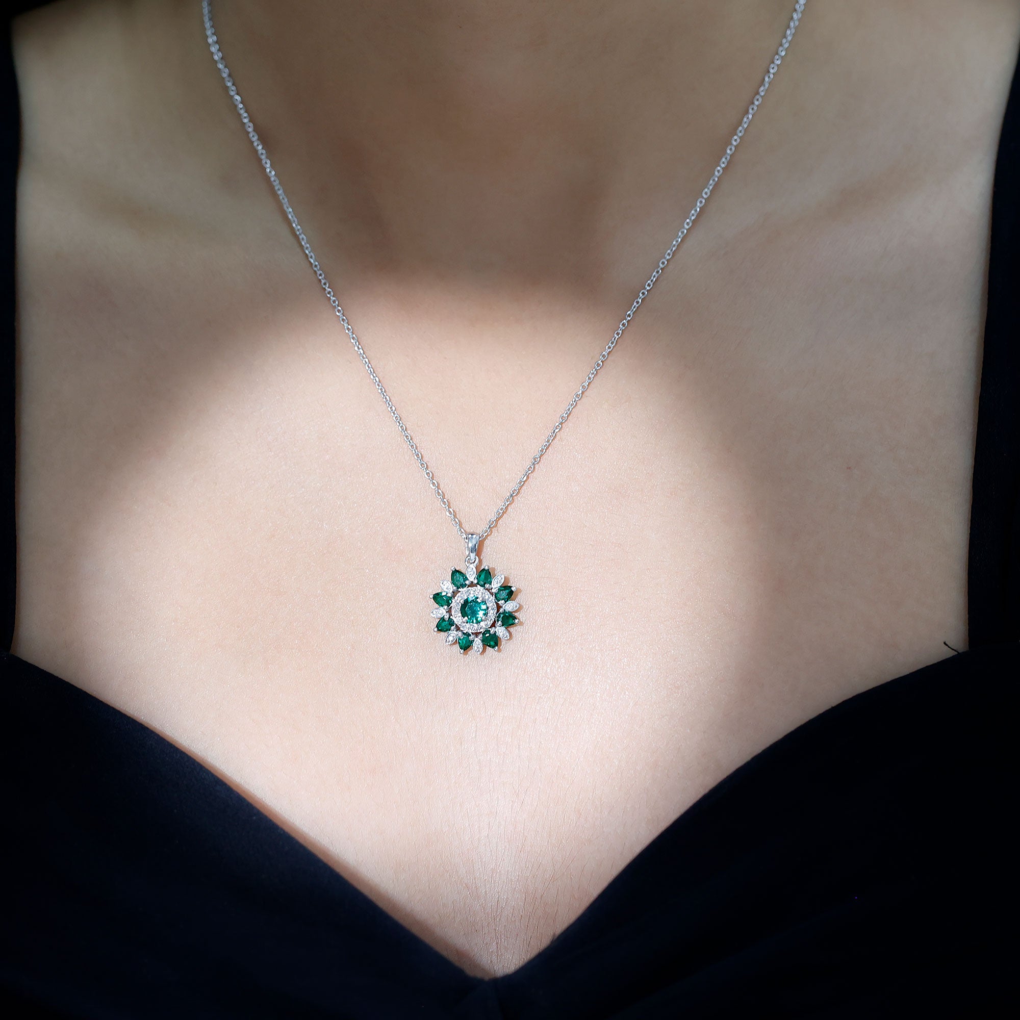 Lab Created Emerald and Diamond Flower Necklace AAAA - Rosec Jewels