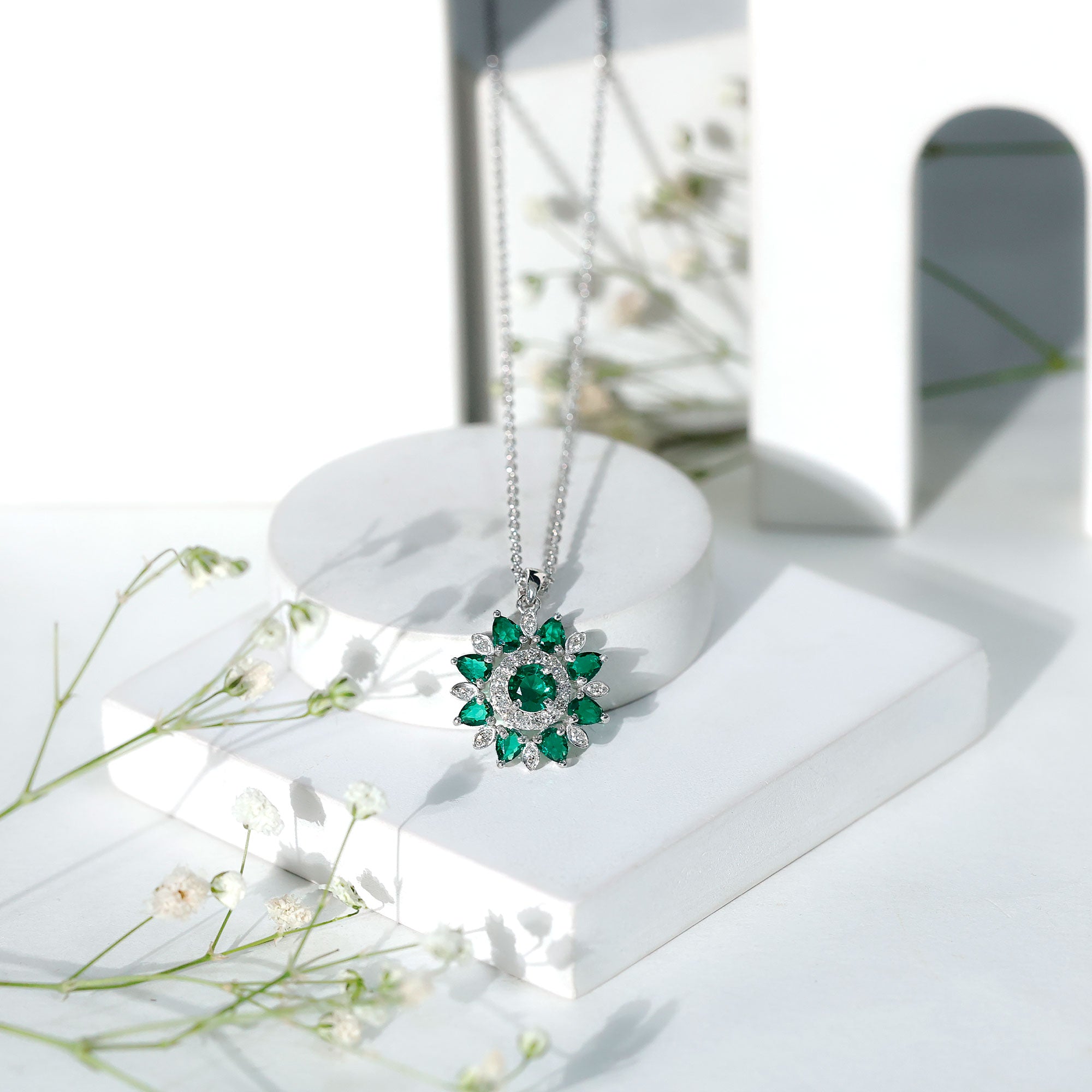 Lab Created Emerald and Diamond Flower Necklace AAAA - Rosec Jewels