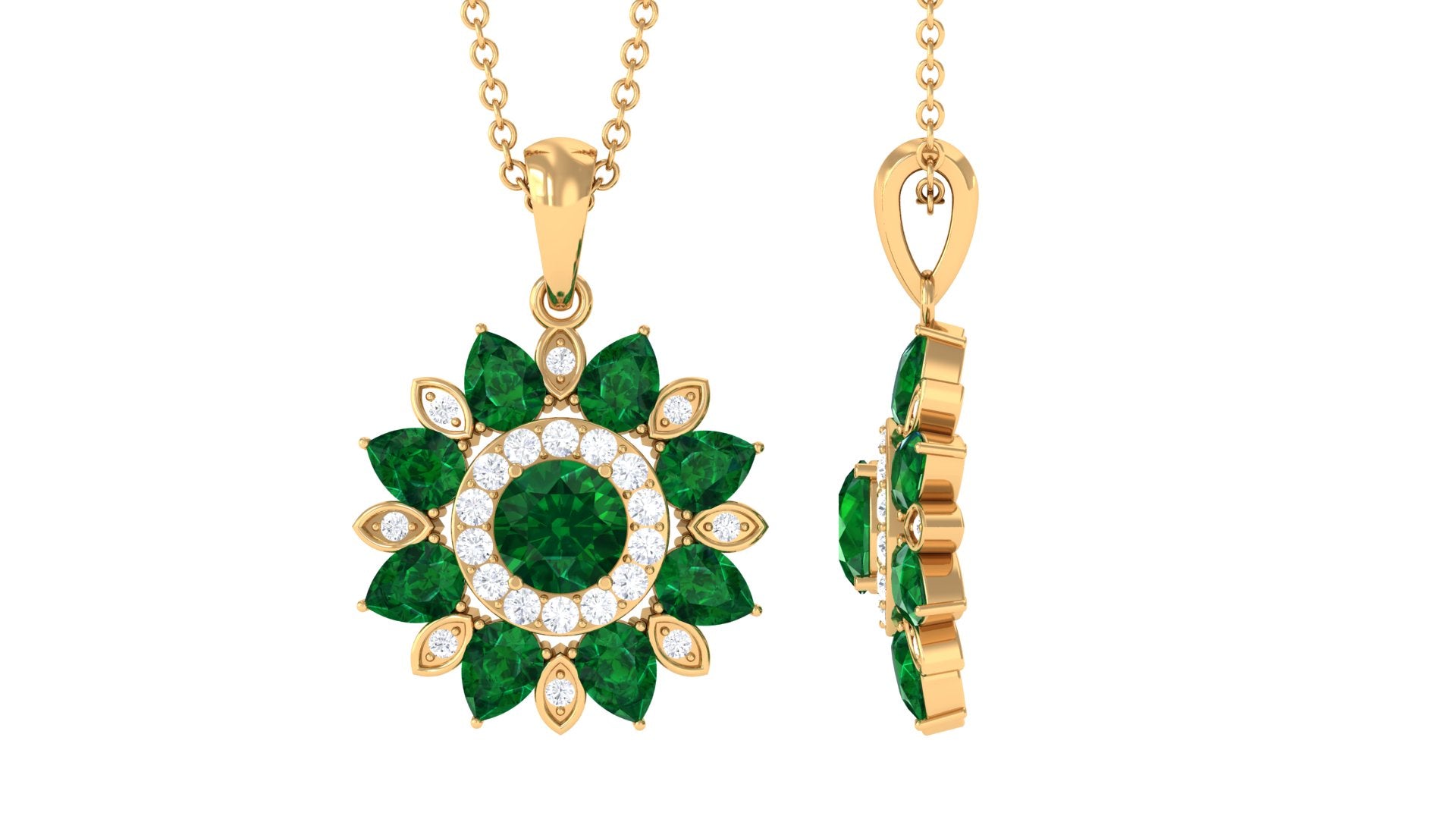 Lab Created Emerald and Diamond Flower Necklace AAAA - Rosec Jewels