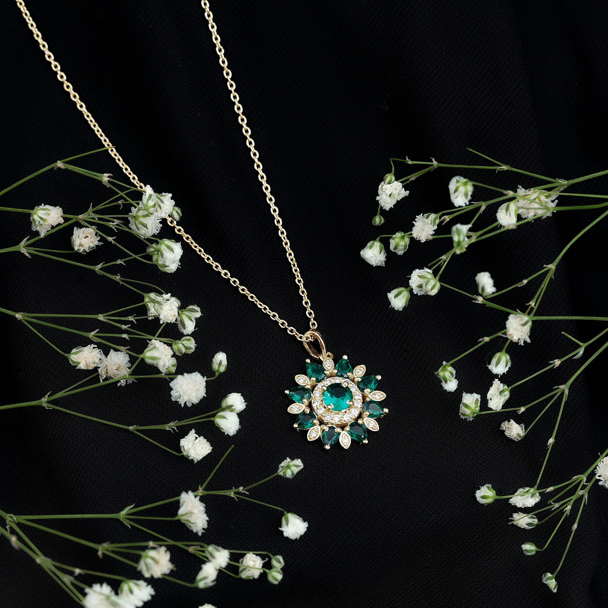 Lab Created Emerald and Diamond Flower Necklace AAAA - Rosec Jewels