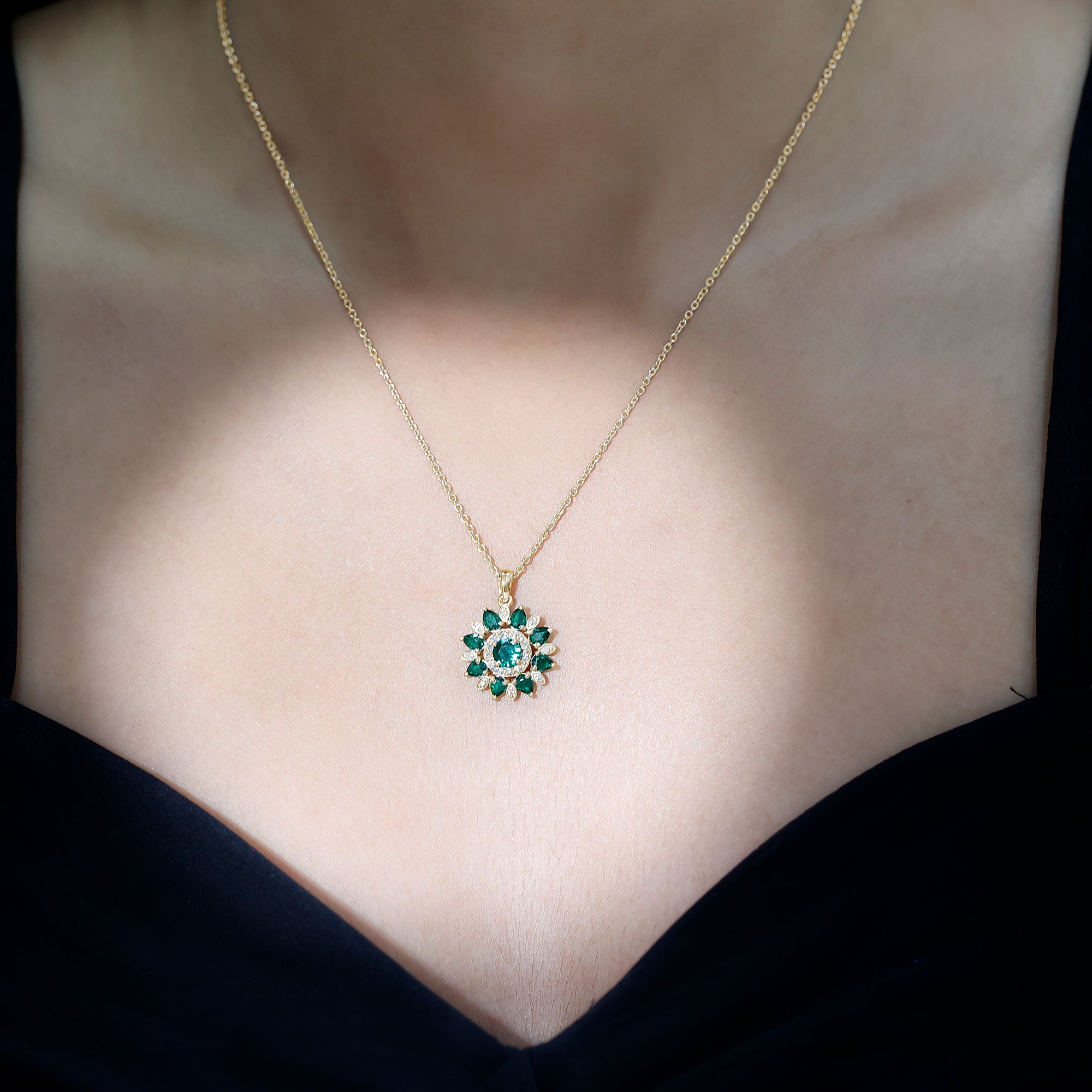 Lab Created Emerald and Diamond Flower Necklace AAAA - Rosec Jewels
