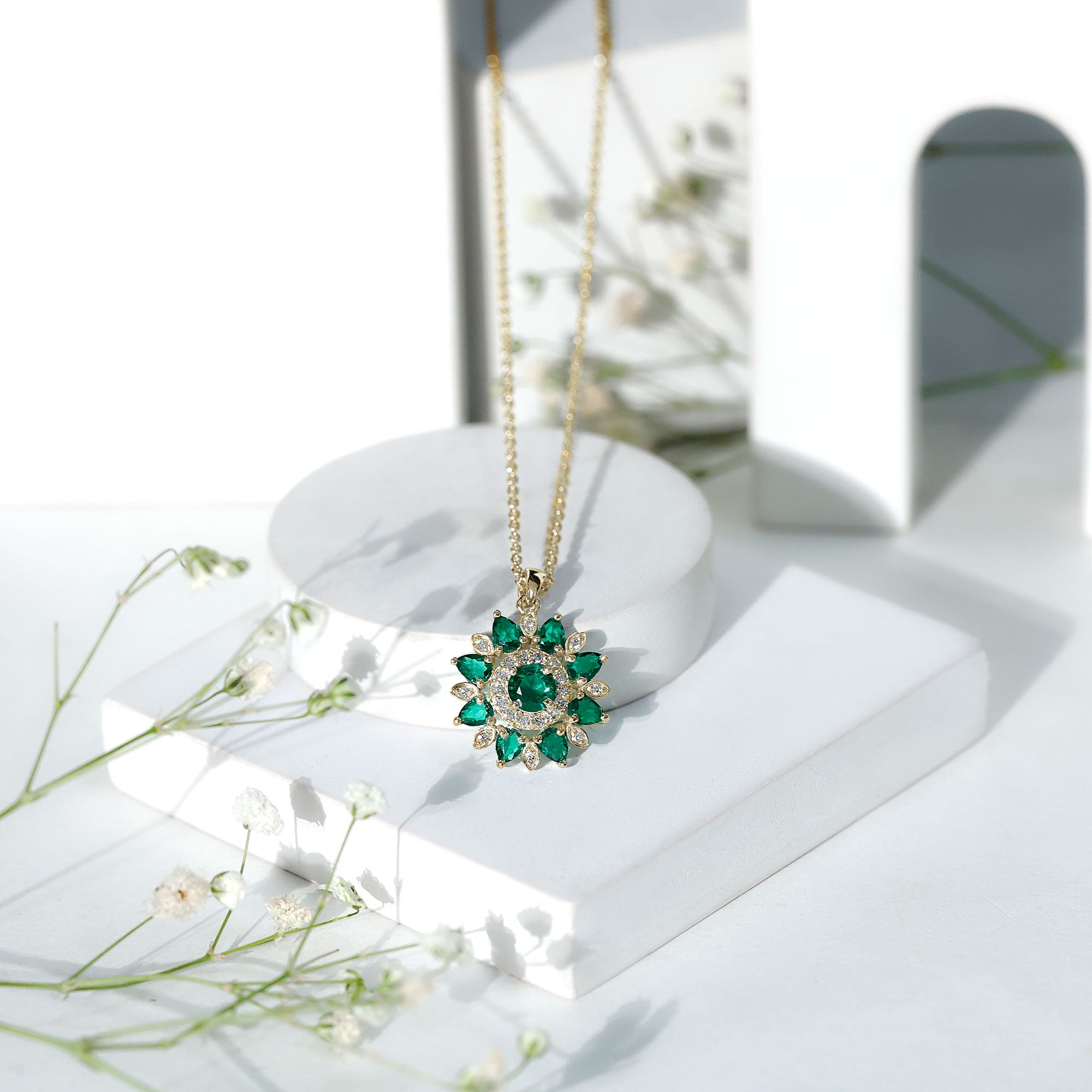 Lab Created Emerald and Diamond Flower Necklace AAAA - Rosec Jewels