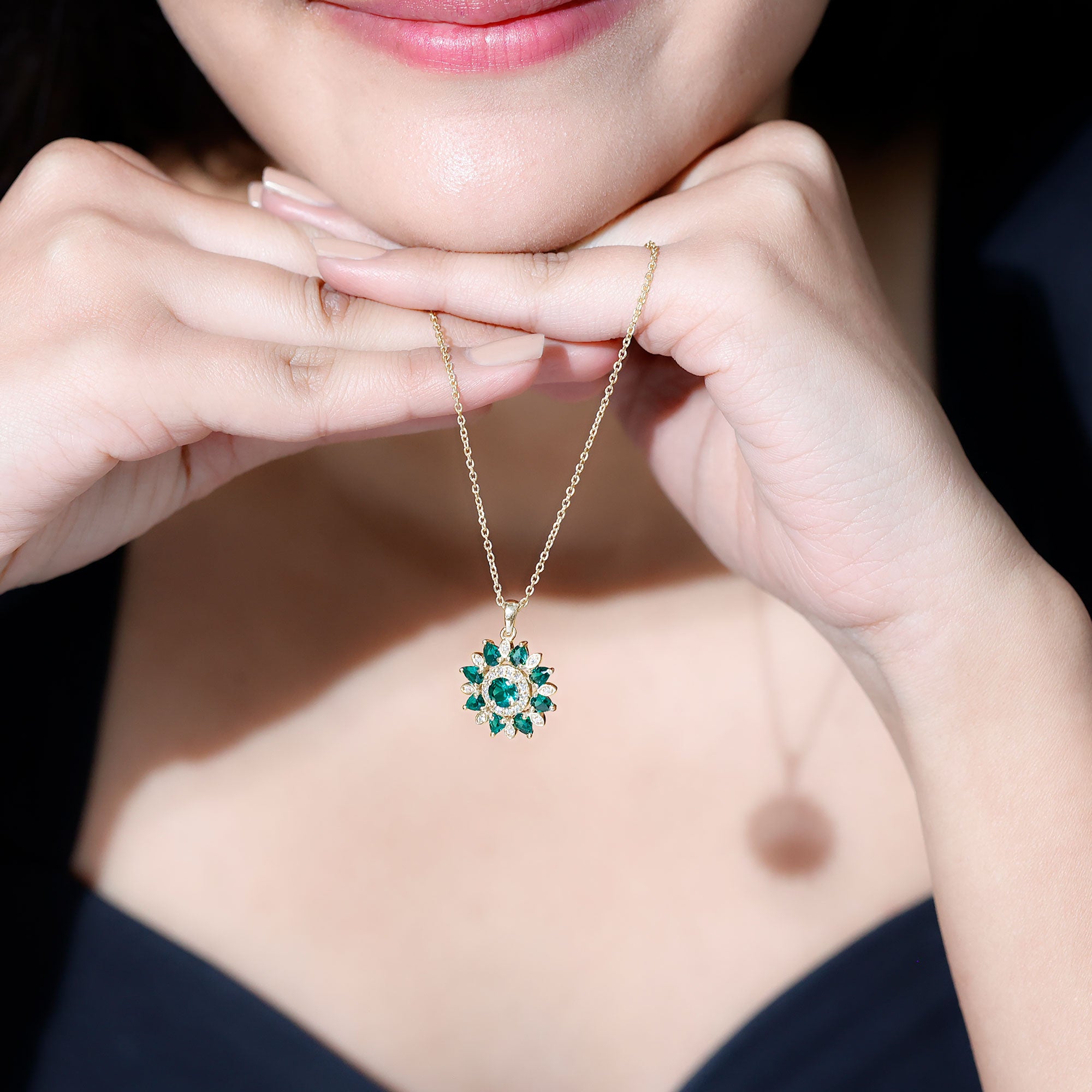 Lab Created Emerald and Diamond Flower Necklace AAAA - Rosec Jewels