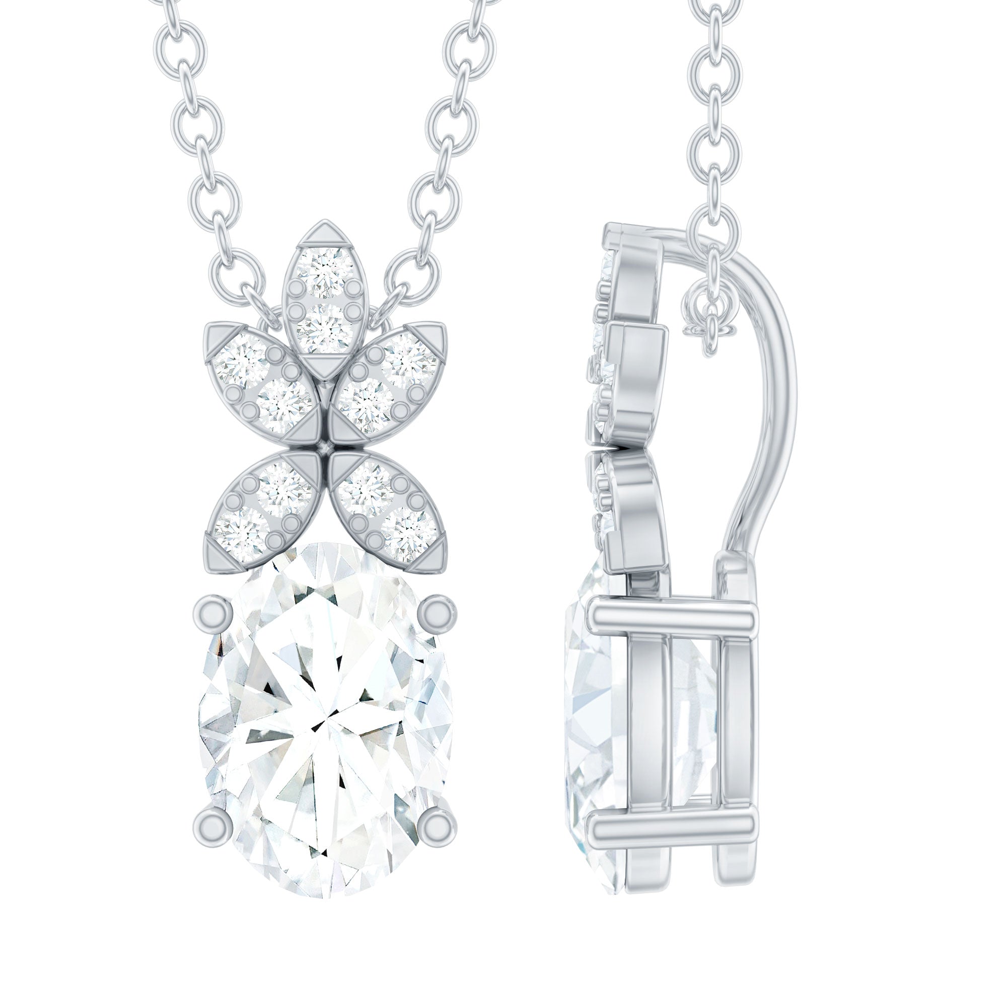 Certified Oval Shaped Moissanite Flower Pendant Necklace