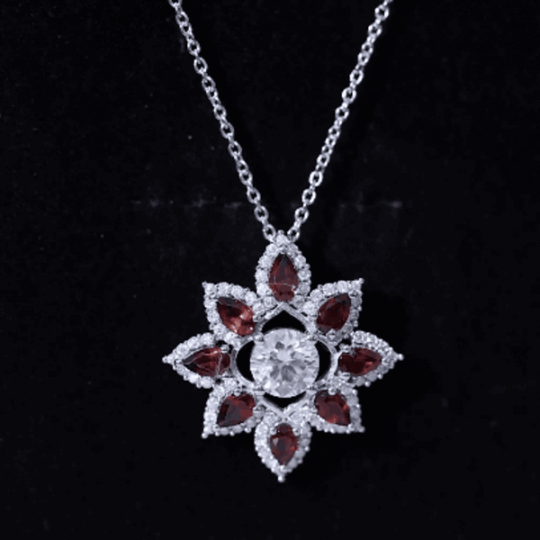 Certified Moissanite and Garnet Flower Pendant D-VS1 - Rosec Jewels